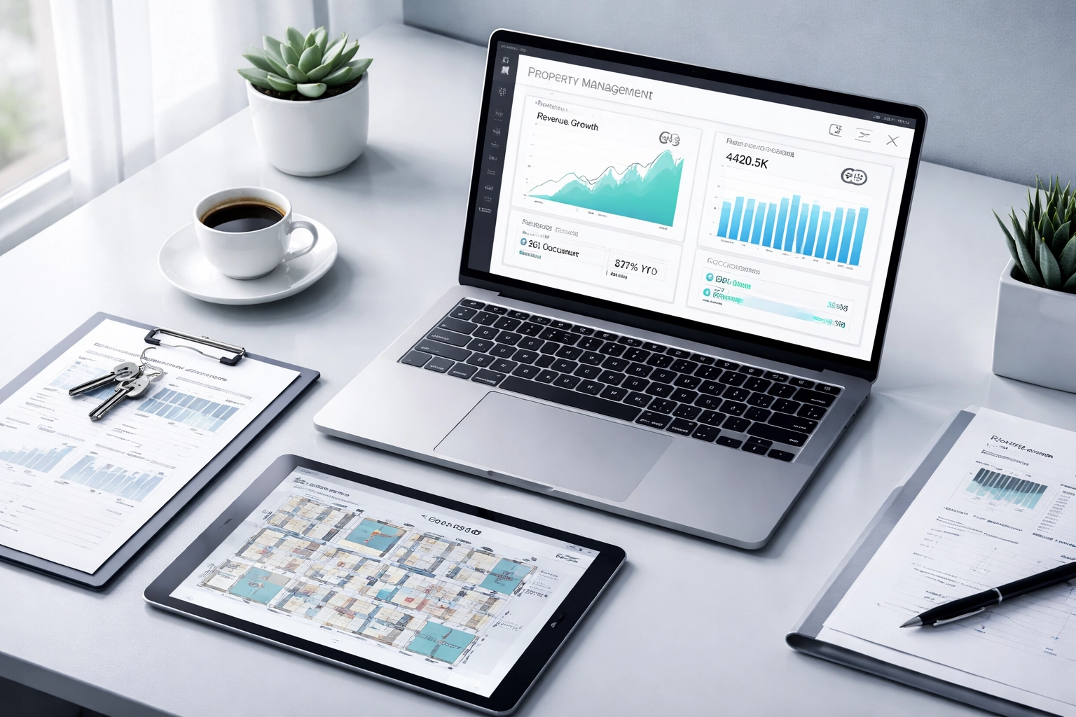 Property manager's desk with laptop showing NOI and occupancy graphs, highlighting bulk internet revenue benefits