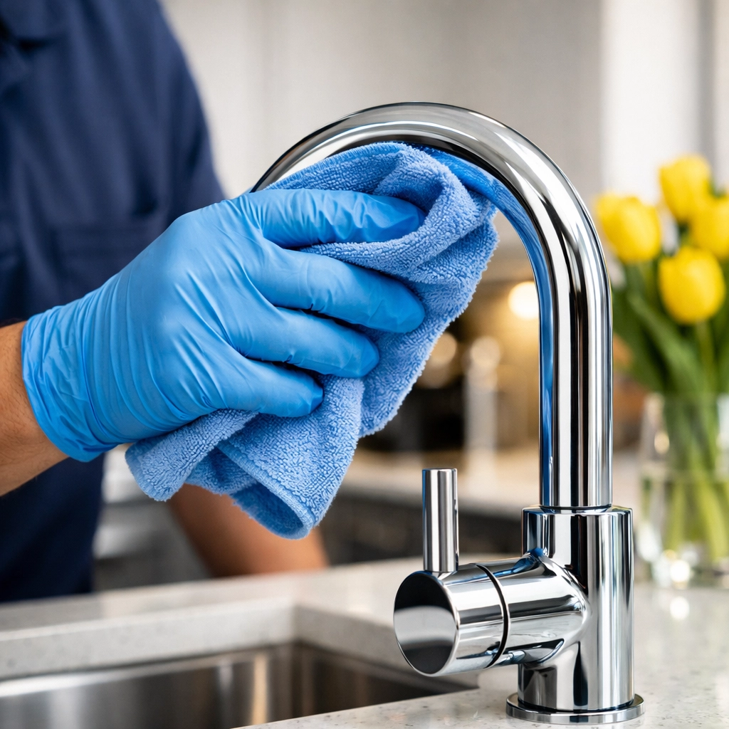 A professional cleaner polishing a modern kitchen faucet for a high-end Apartment Cleaning Boston.