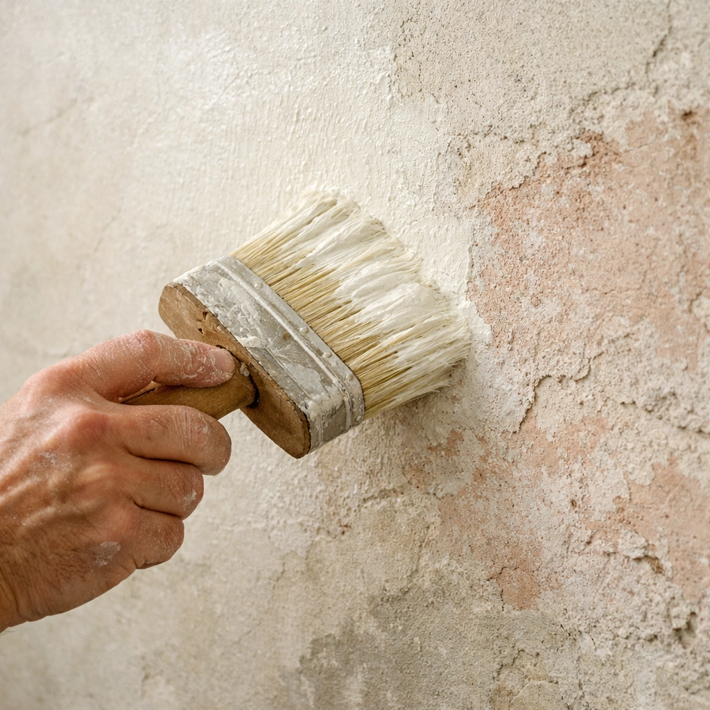 Heritage painter applying traditional limewash to period property wall