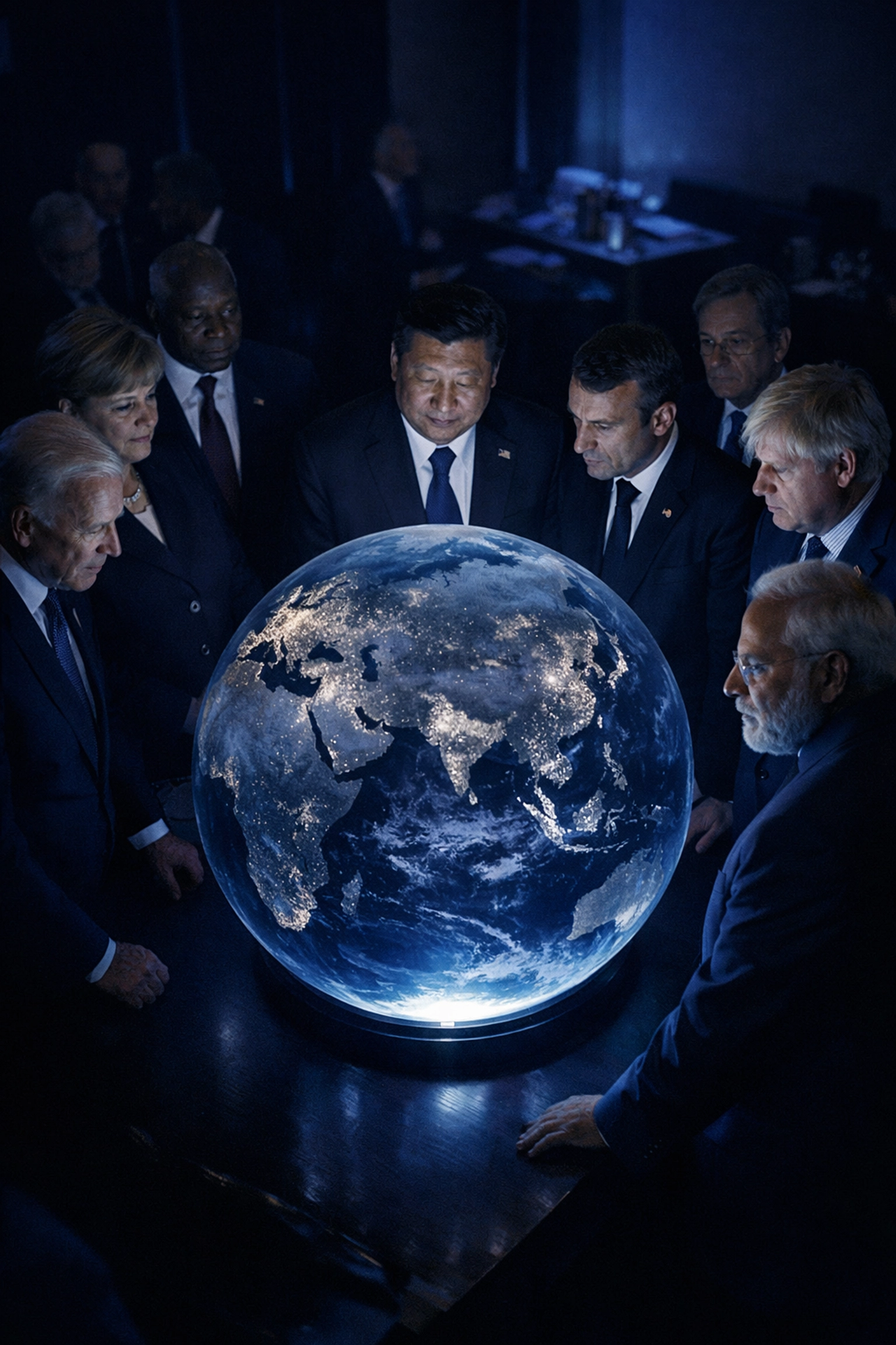 World leaders gathered around illuminated globe discussing global diplomacy