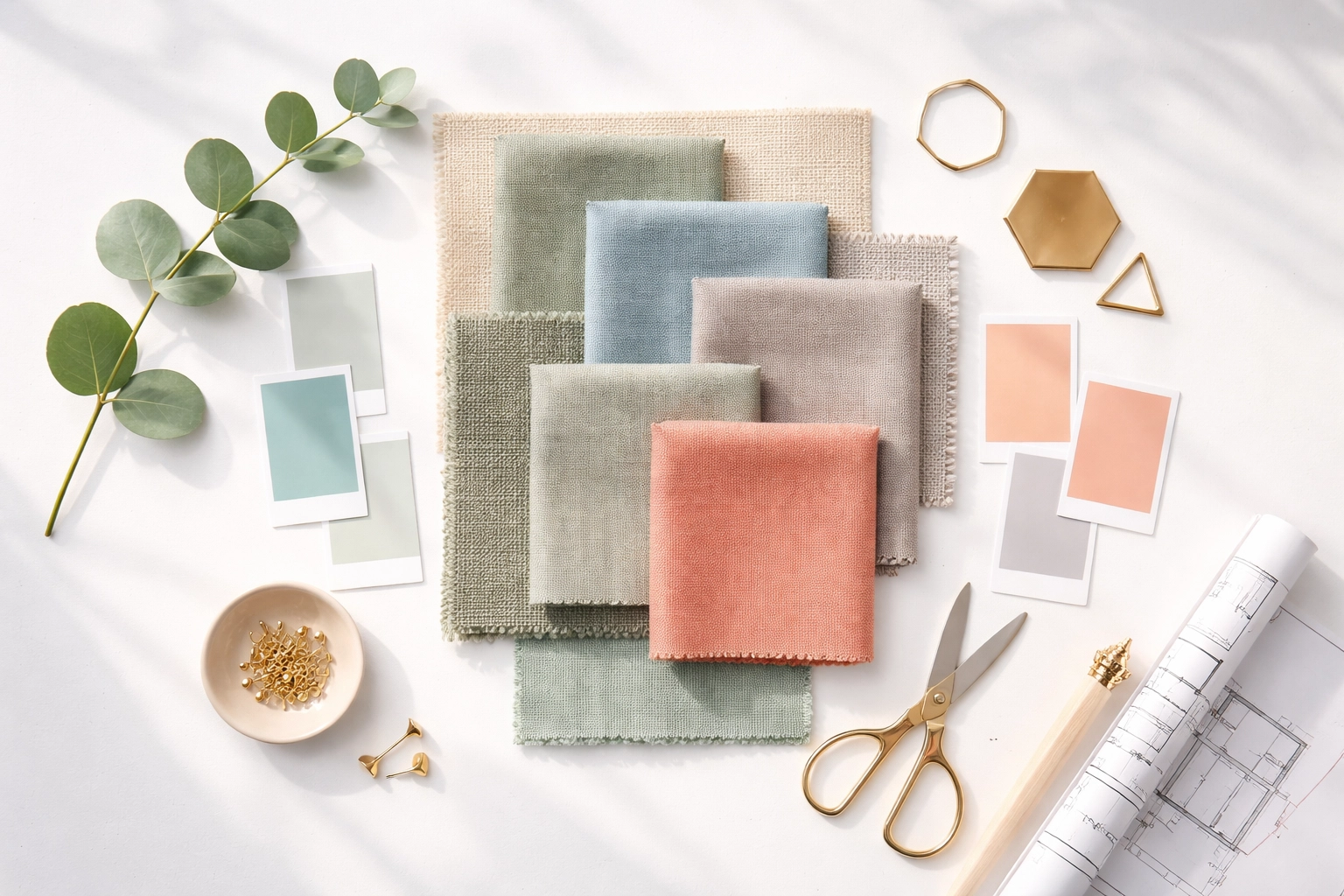 Therapeutic interior design mood board with sage, coral, and blue swatches for residential treatment planning