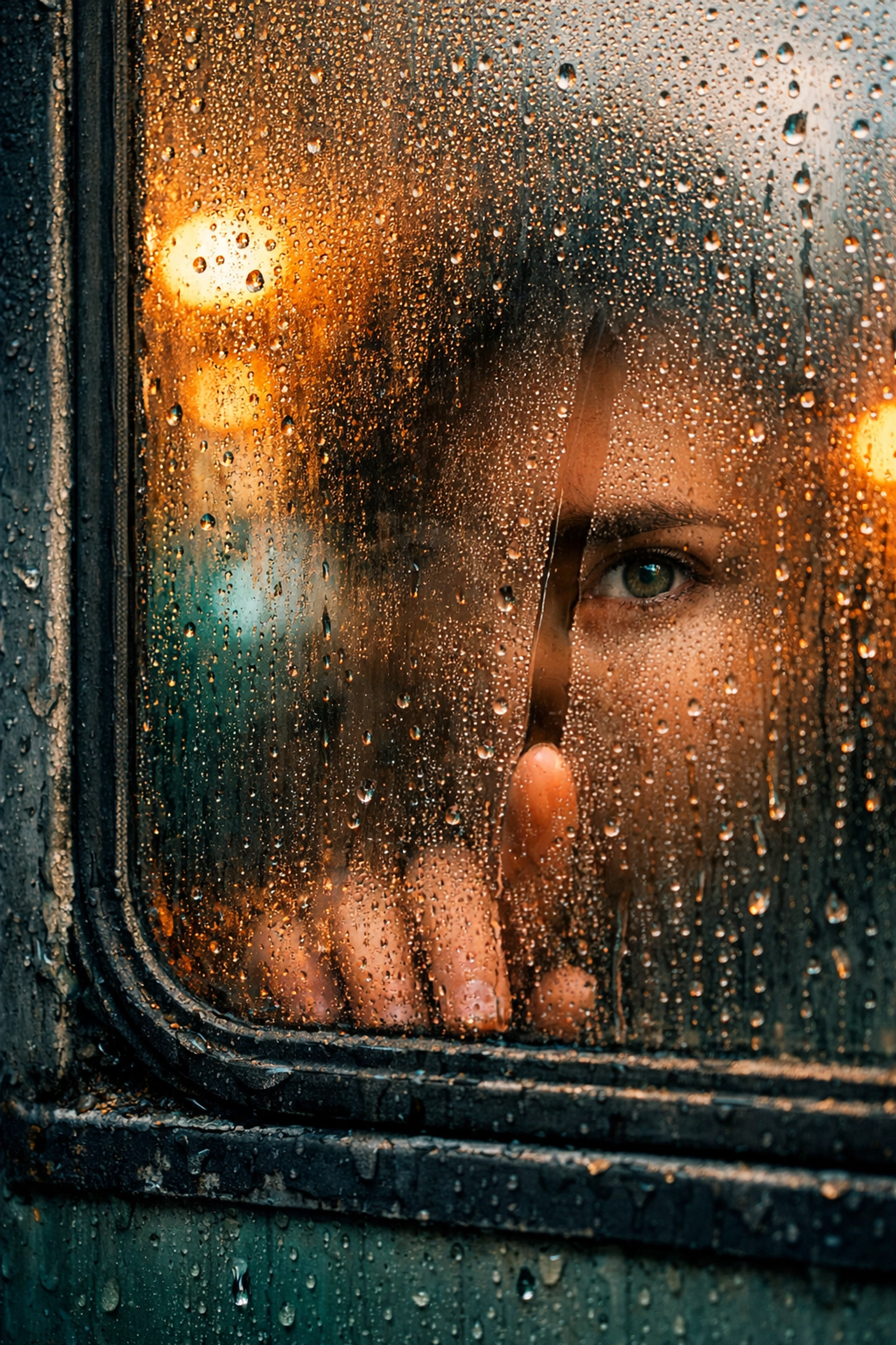 Unique street photography idea focusing on textures of raindrops and condensation on a bus window.