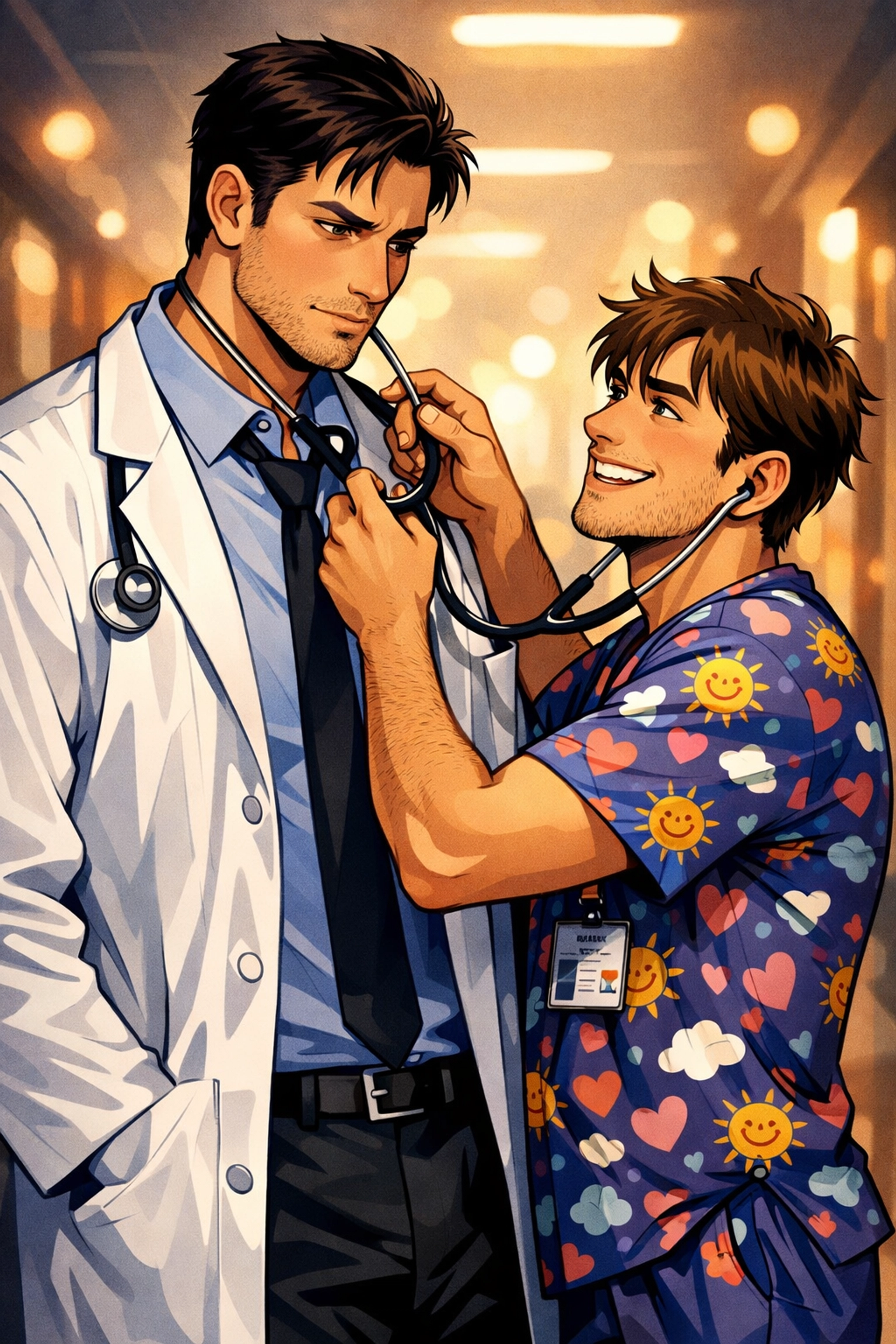 A cheerful nurse and grumpy doctor in a hospital hallway, showcasing a classic medical gay romance trope.