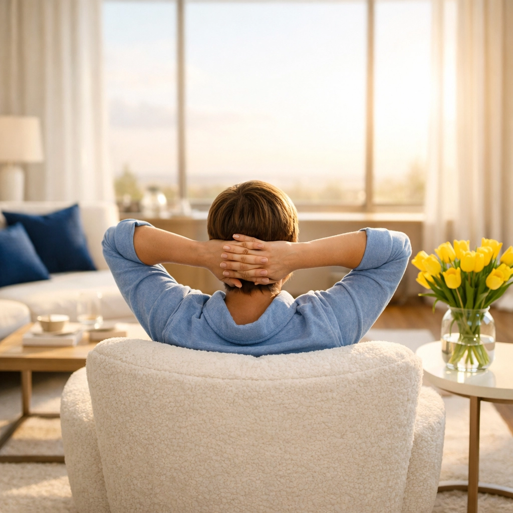 A homeowner relaxing in a perfectly clean living room after a professional weekly house cleaning visit.