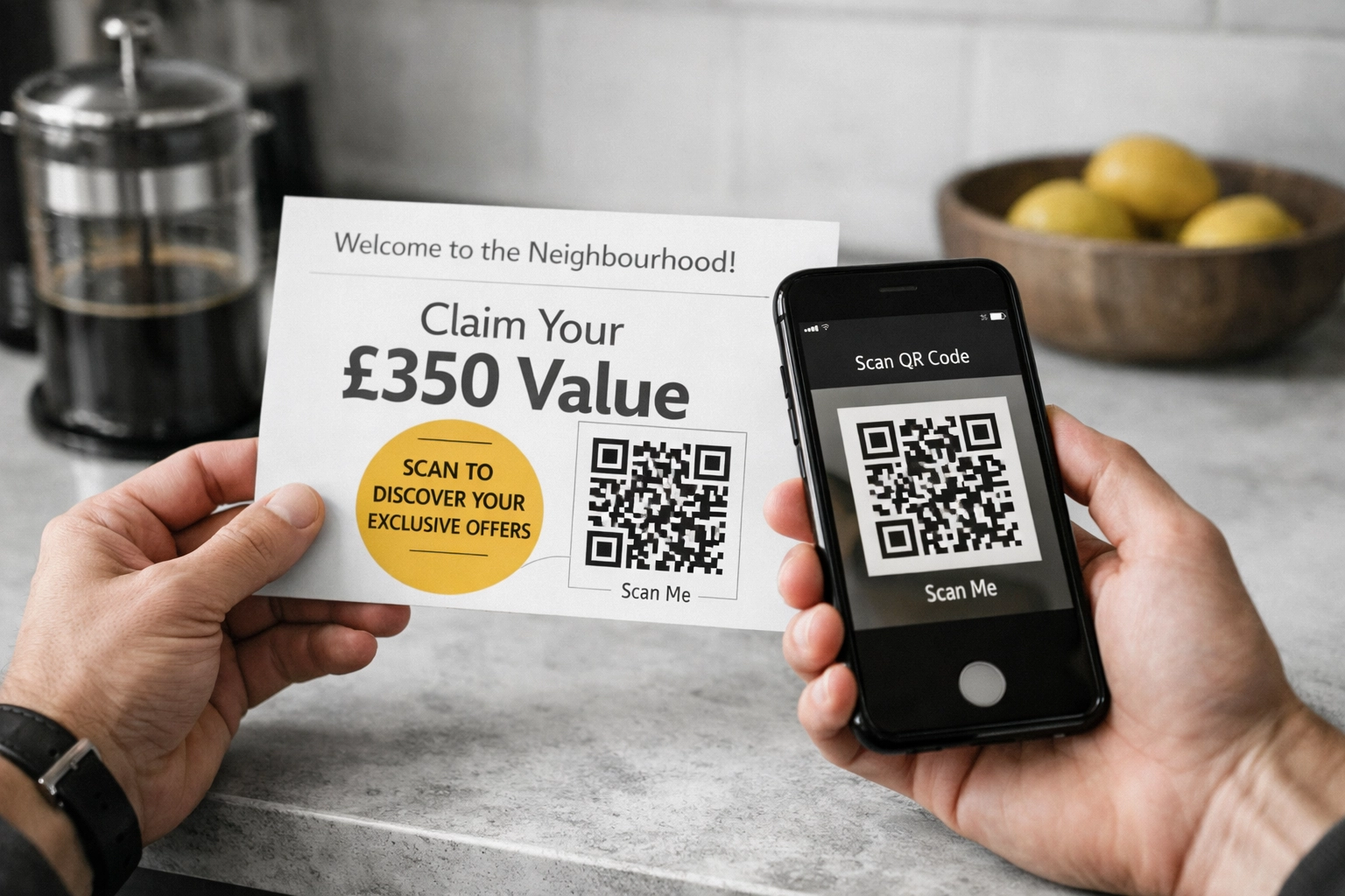 Person scanning a QR code on a UK-style A5 New Neighbour Welcome Postcard with a smartphone for automated follow-up.