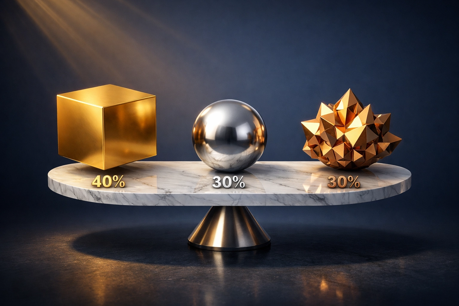 Balanced 40/30/30 portfolio model visualizing equities, fixed income, and alternatives allocation for investors