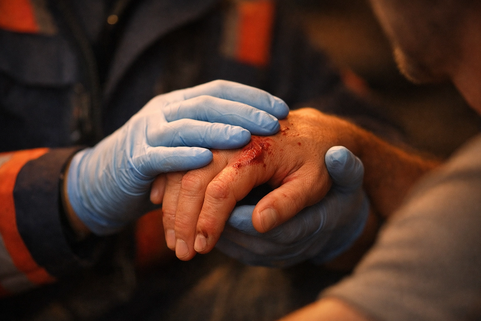 Paramedic's hands gently treating injured man in gay romance roadside rescue