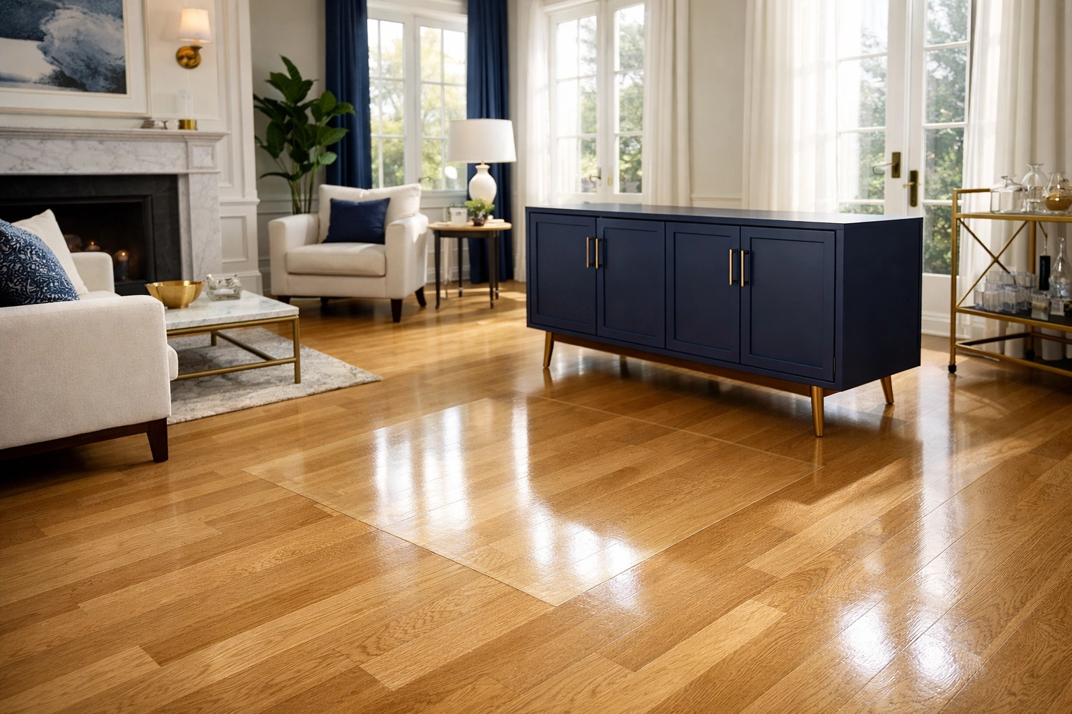 Spotless hardwood floor revealed after moving furniture during a move-out cleaning in Worcester MA.