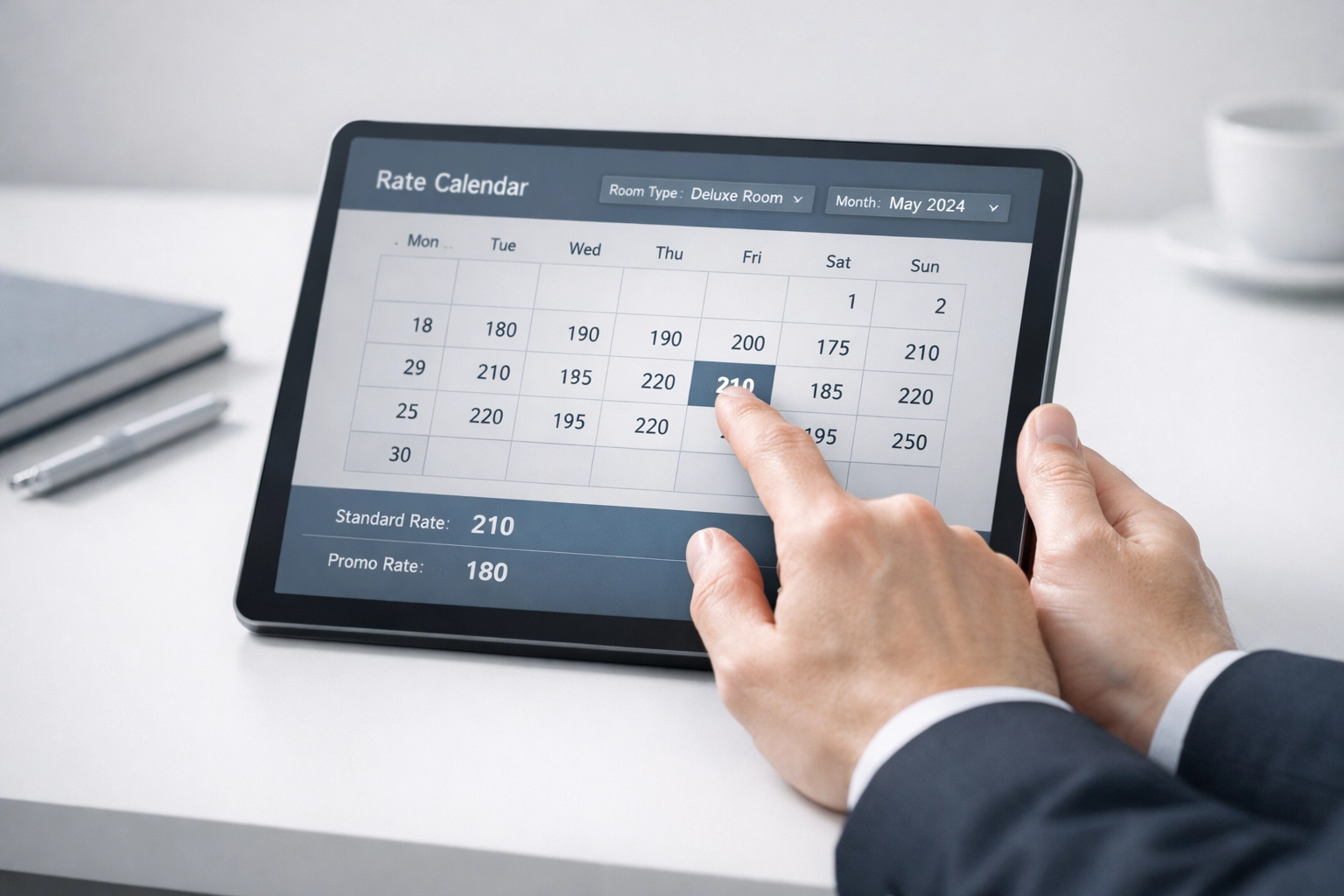 Hotel manager adjusting pricing strategy and rates on digital booking engine dashboard