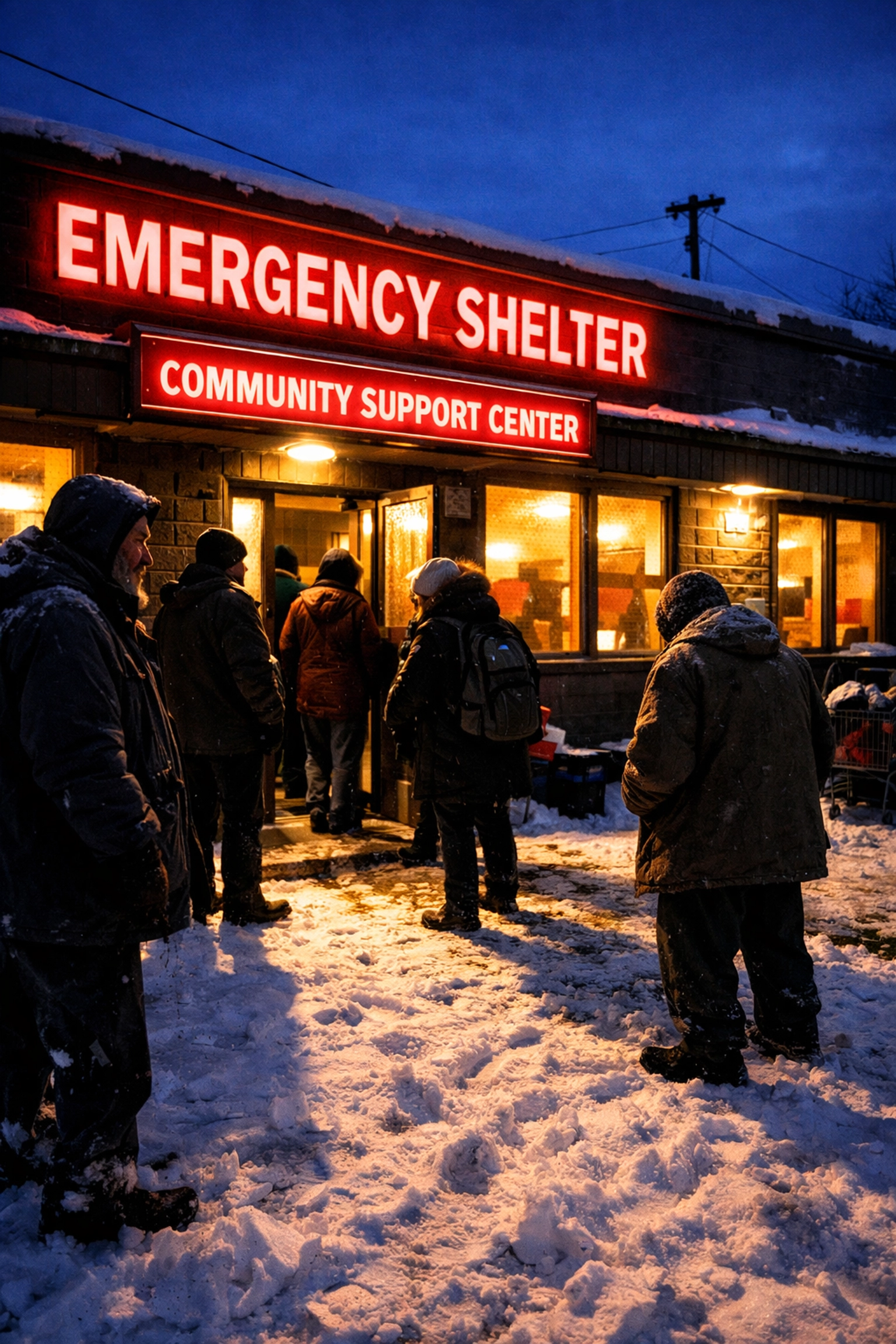 Winnipeg emergency shelter entrance with people seeking assistance during homelessness crisis