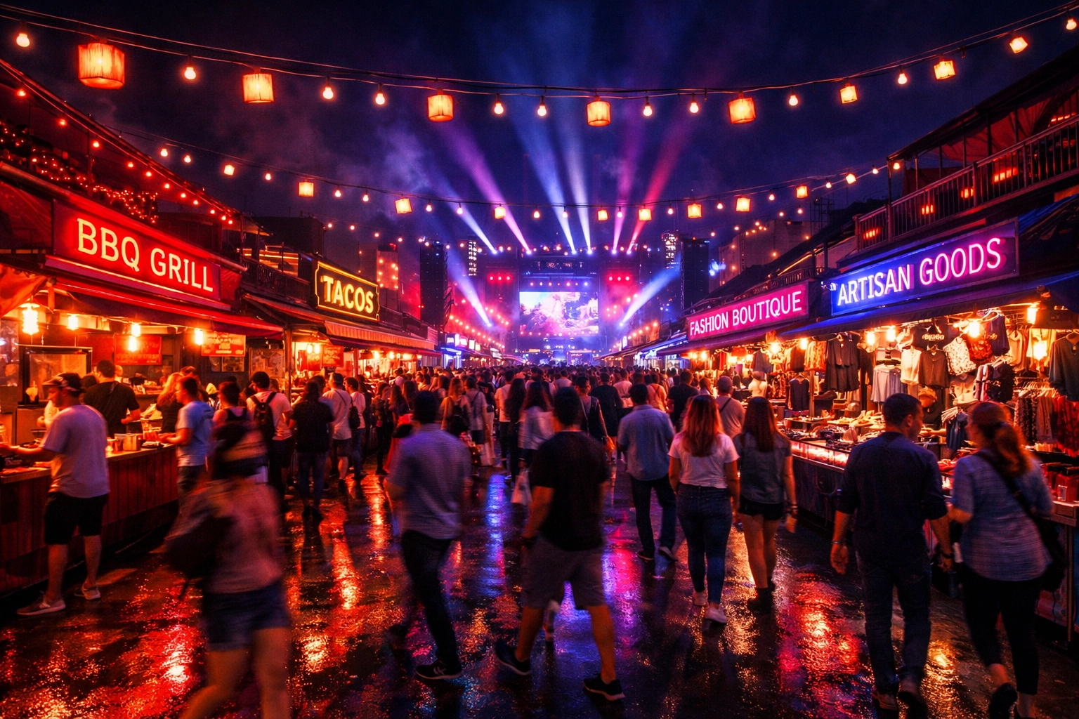 A busy festival culinary and retail boulevard at night, showcasing successful world-class event execution.