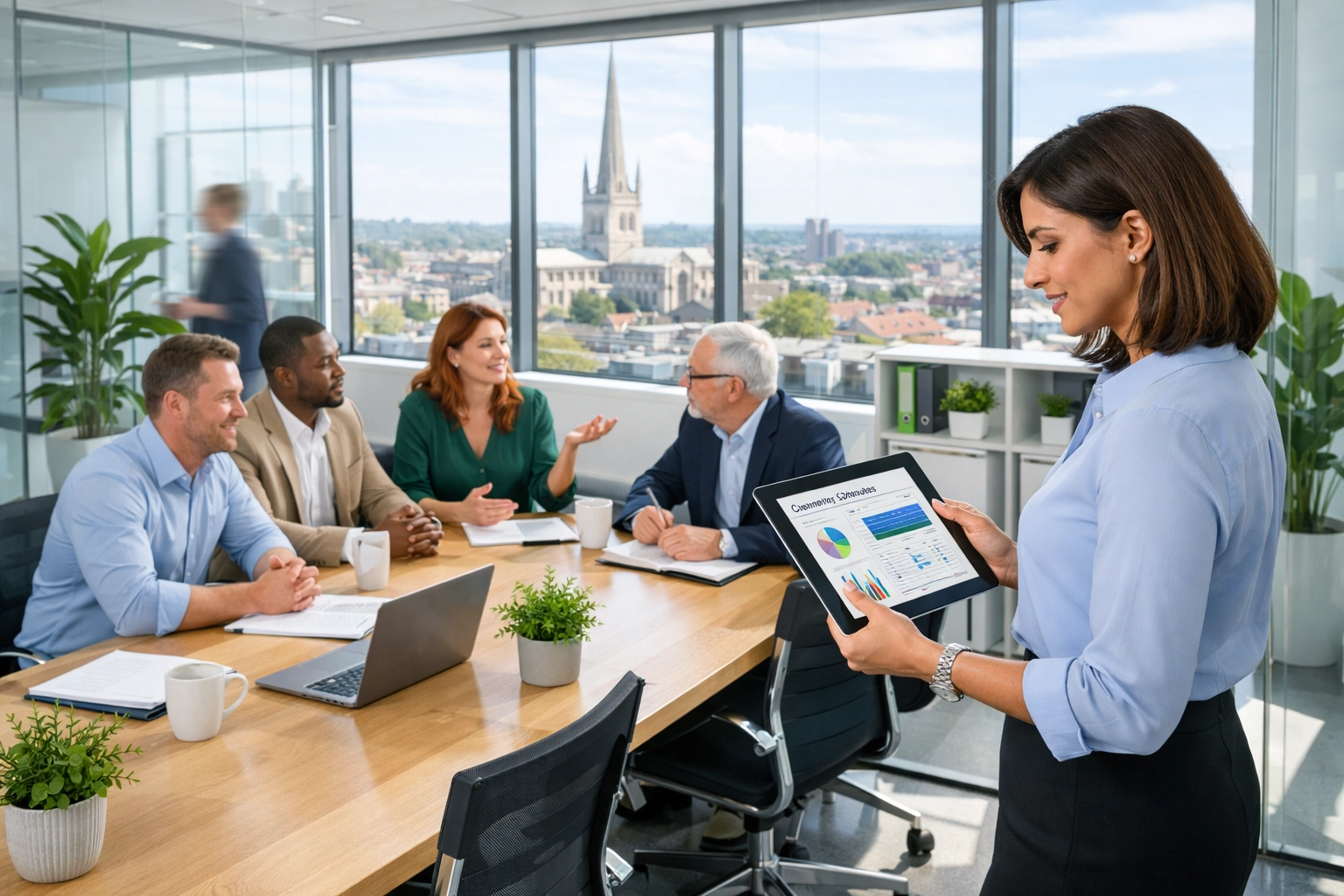 Business manager reviewing customized commercial cleaning plans in Norwich office