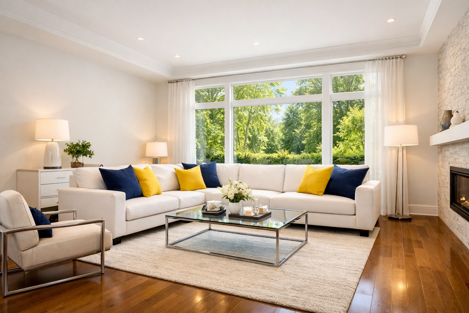 Impeccably clean modern living room with bright natural light from a professional home cleaning service.