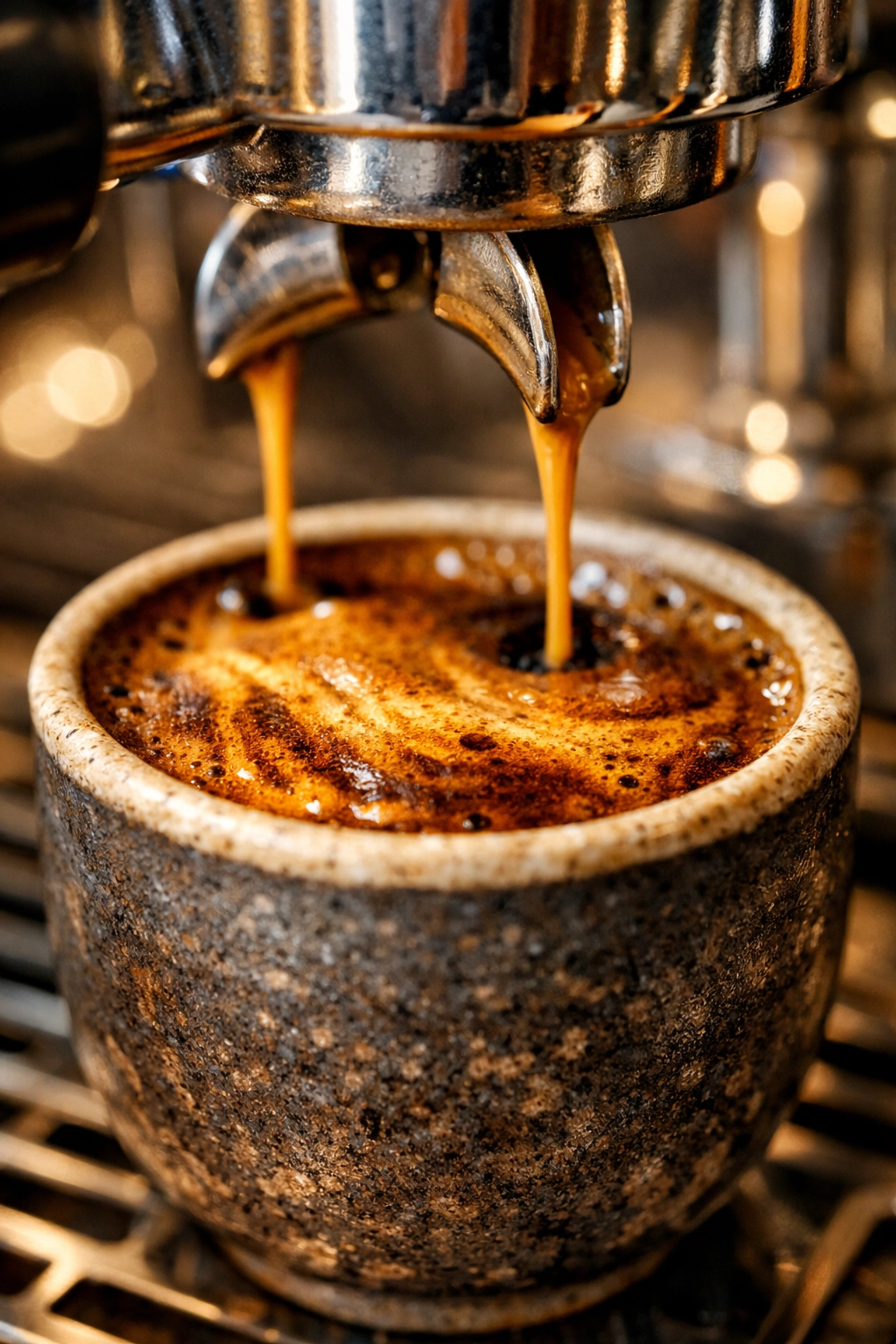 Close-up of a rich espresso shot with thick golden crema being extracted into a ceramic cup.