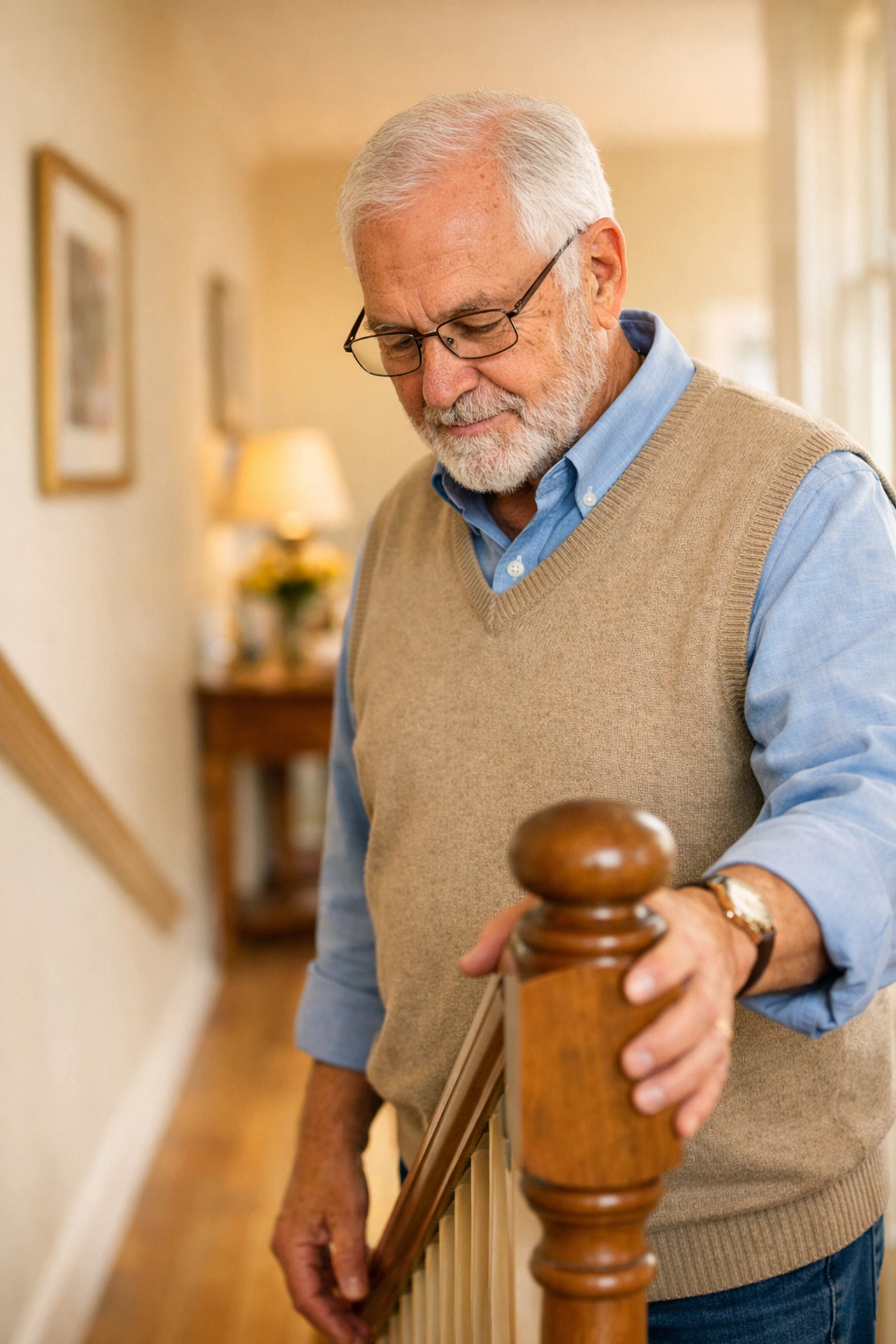 A senior man safely uses a sturdy handrail while looking down at the steps to prevent a fall on the stairs.