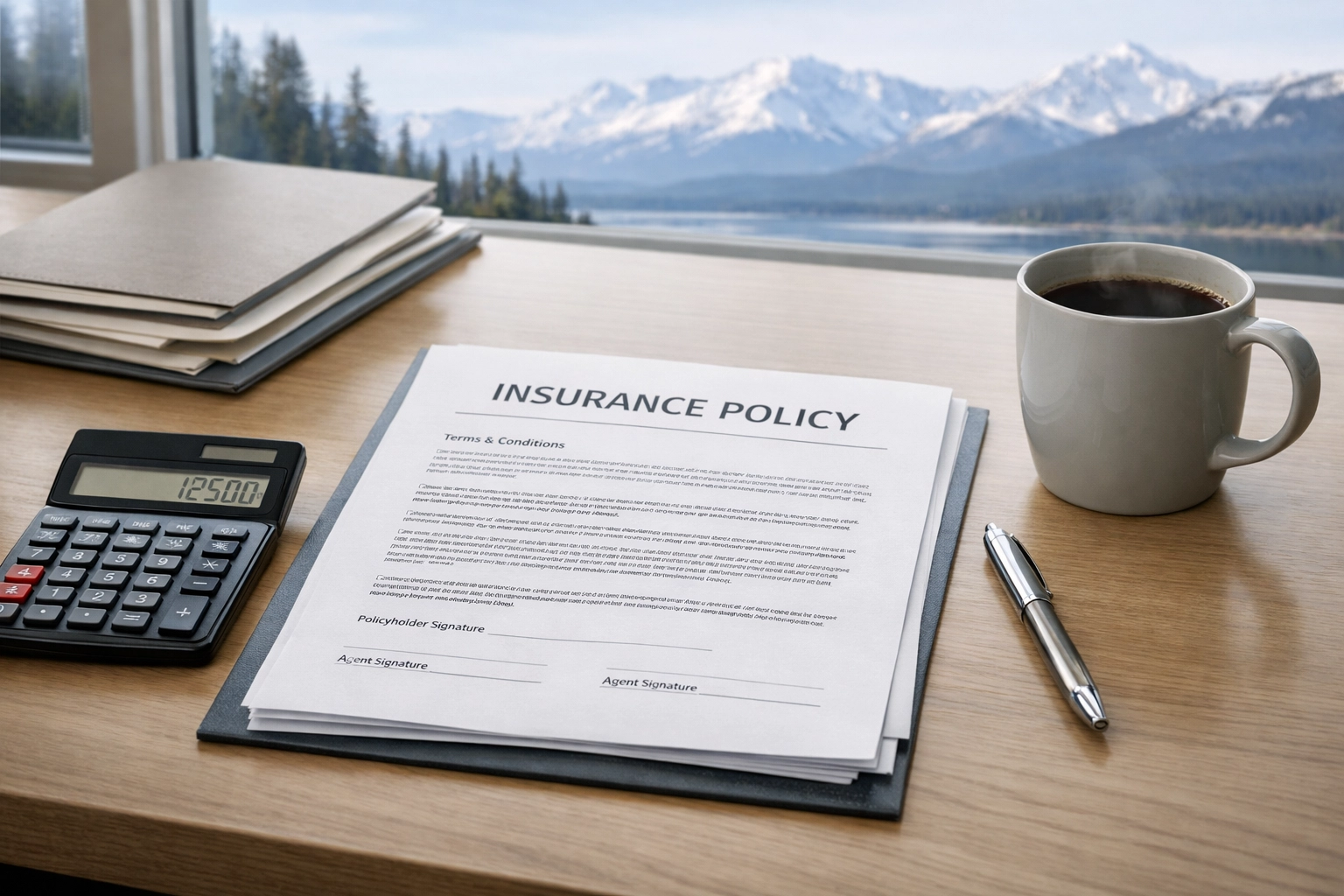 Commercial auto insurance policy documents on Alaska insurance agent desk