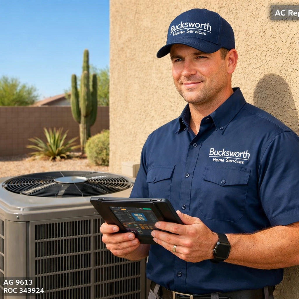 Bucksworth Home Services technician inspecting an outdoor unit for AC repair in El Mirage AZ.