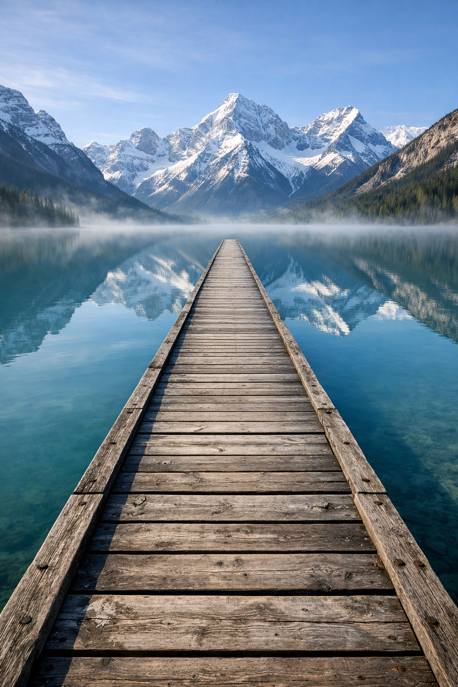 Photography tutorials demonstrating composition and leading lines with a boardwalk over a mountain lake.