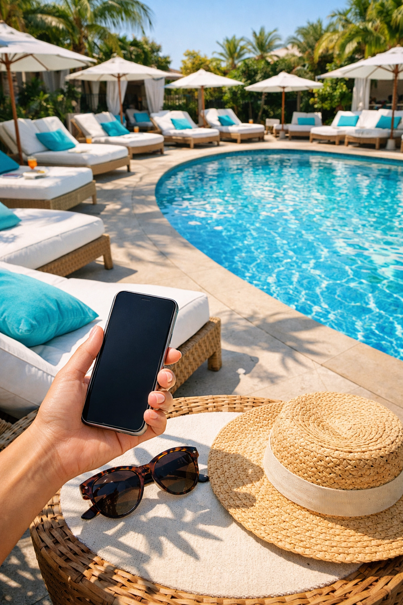 Guest using smartphone for poolside ordering at luxury hotel pool deck