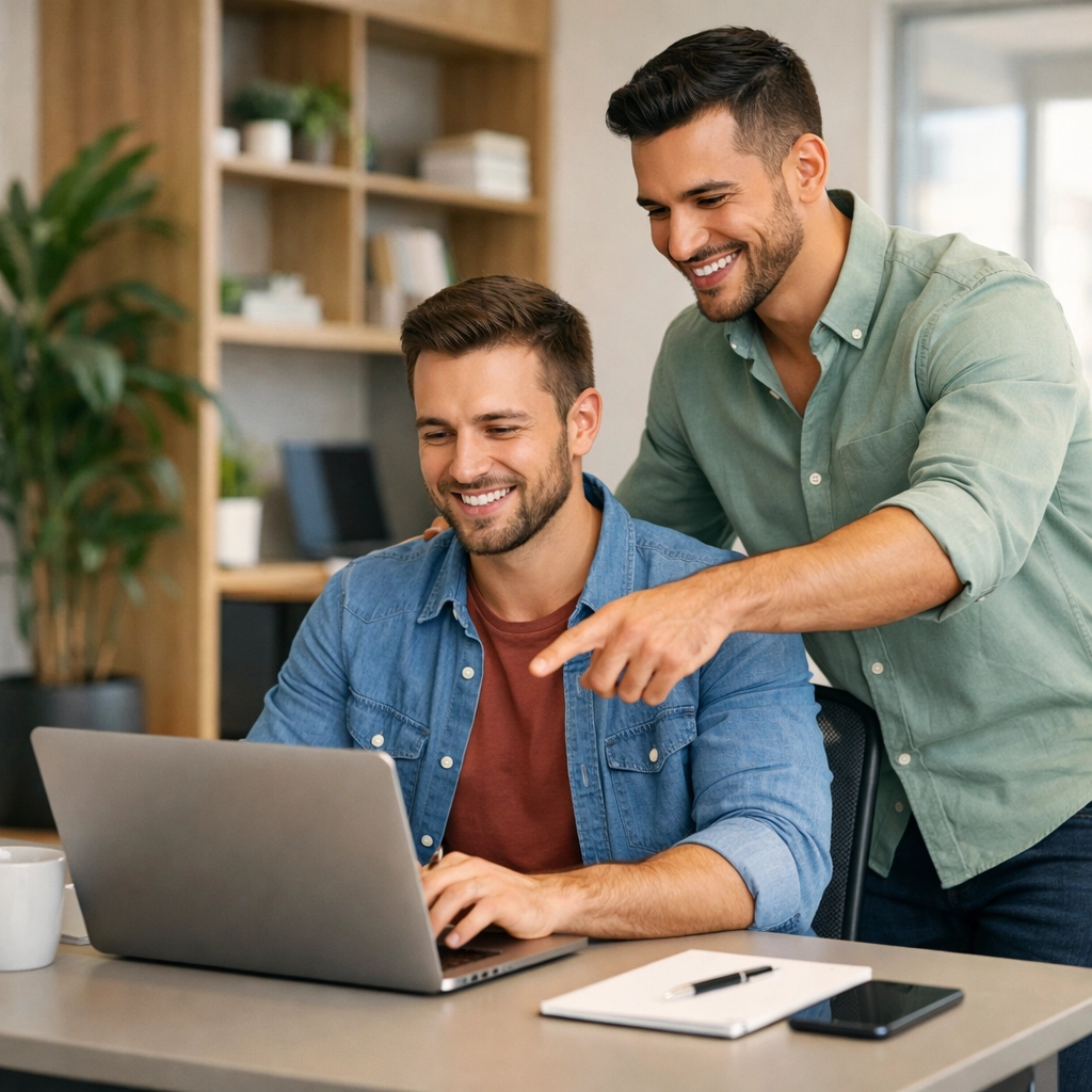 Two gay men collaborating at a laptop in an inclusive tech office workspace.