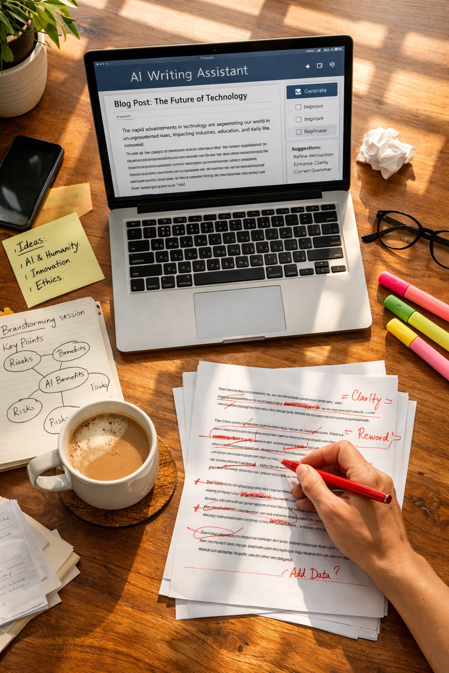 Content creator editing AI-generated content with handwritten notes and laptop