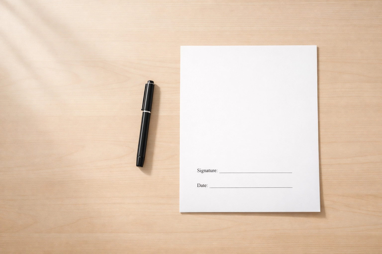 Unsigned document with pen on desk waiting for mobile notary appointment