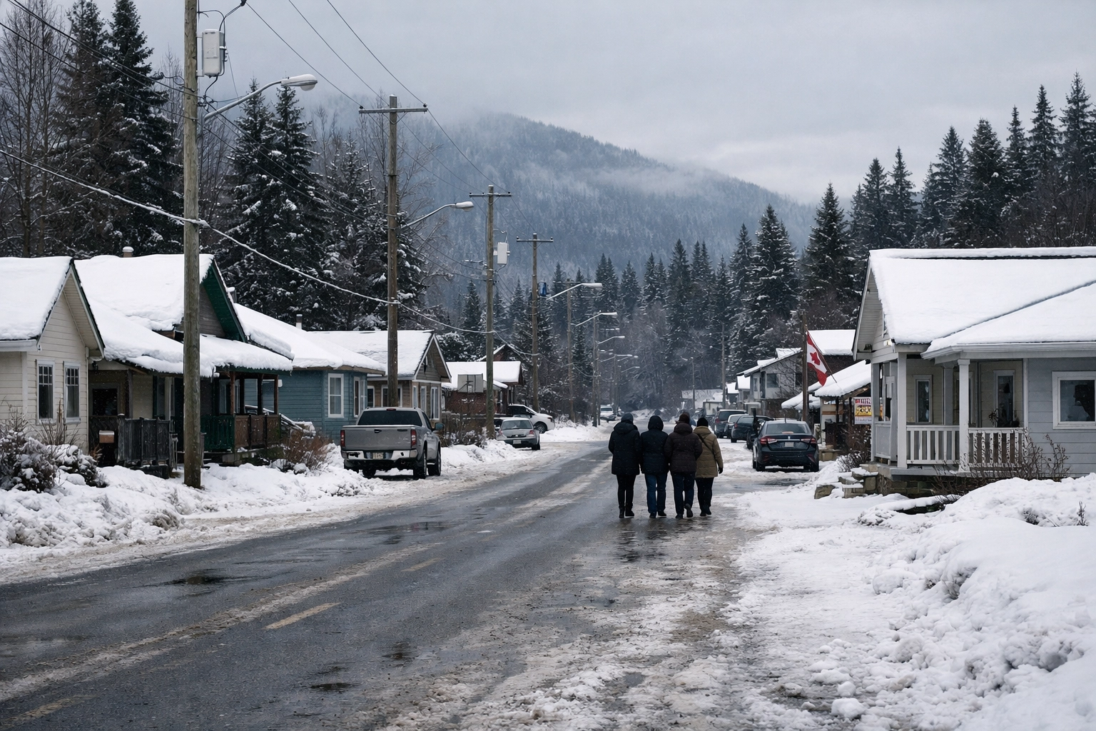 Tumbler Ridge BC community members walking together on snowy winter street