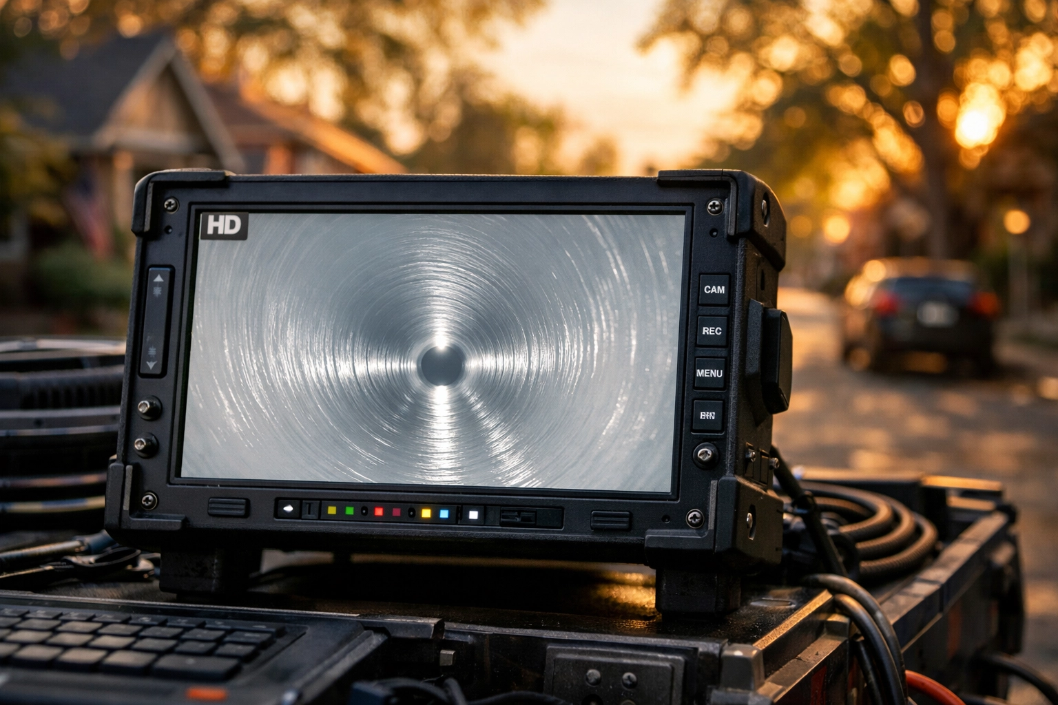 HD sewer video inspection monitor showing a smooth, clean pipe after UV liner installation.