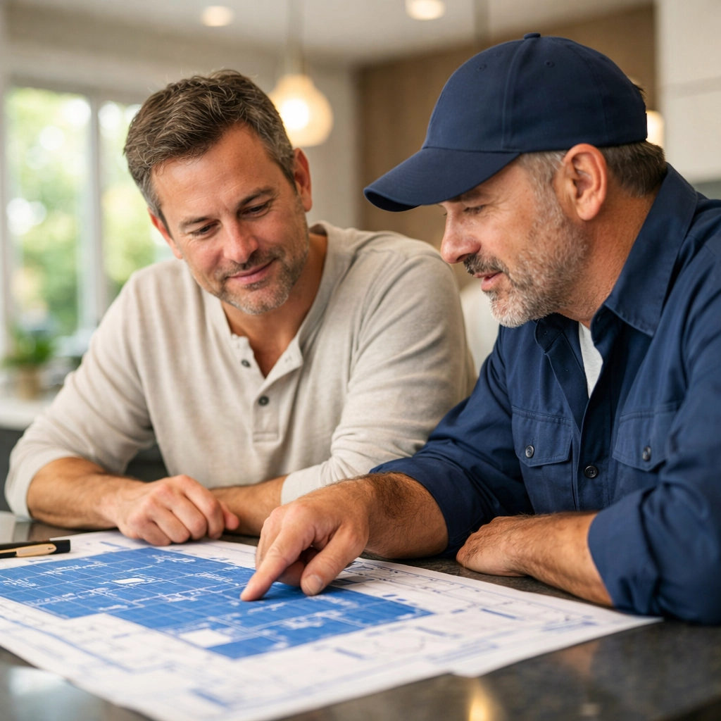 Orlando homeowner and contractor reviewing renovation blueprints together at kitchen island
