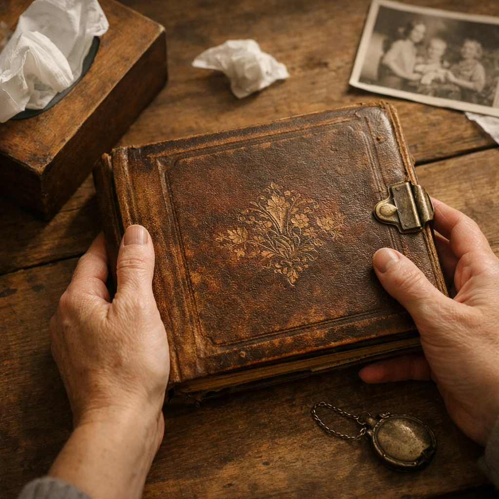 Hands holding vintage family photos during emotional downsizing process
