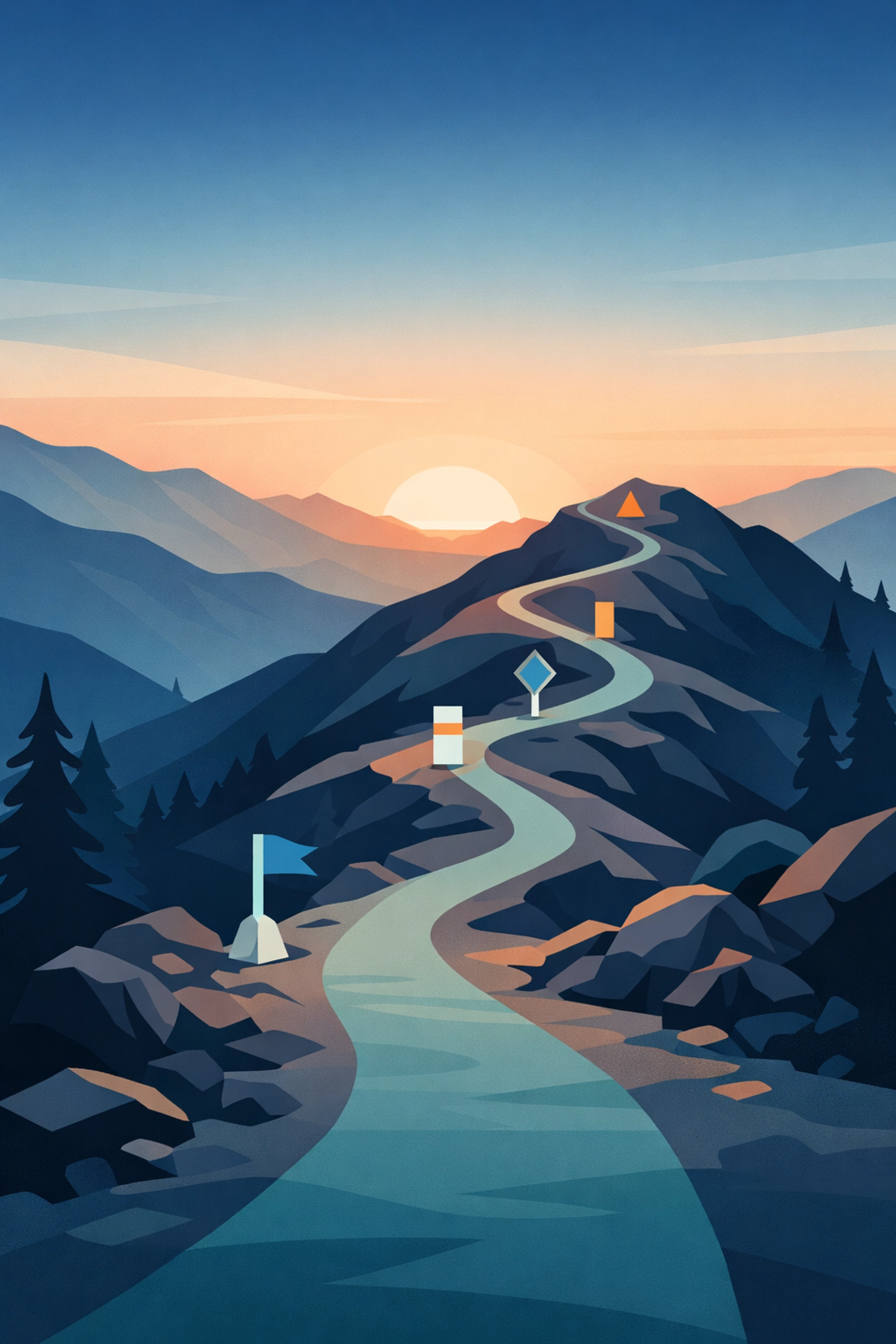 A mountain path with trail markers representing a guided journey of tracking spiritual growth and discipleship progress.