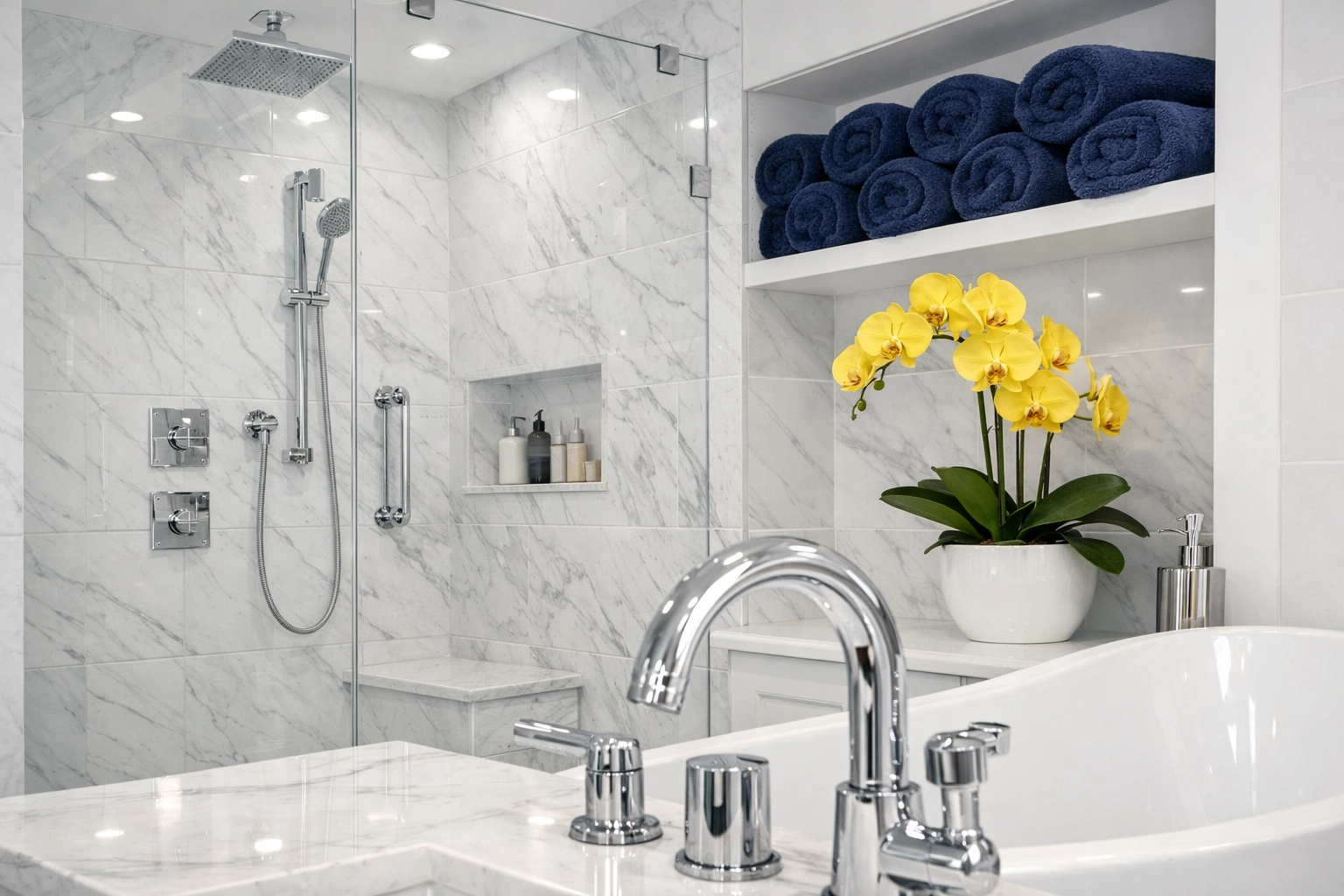 Sparkling marble bathroom in a MetroWest home after an intensive deep cleaning Lincoln session.