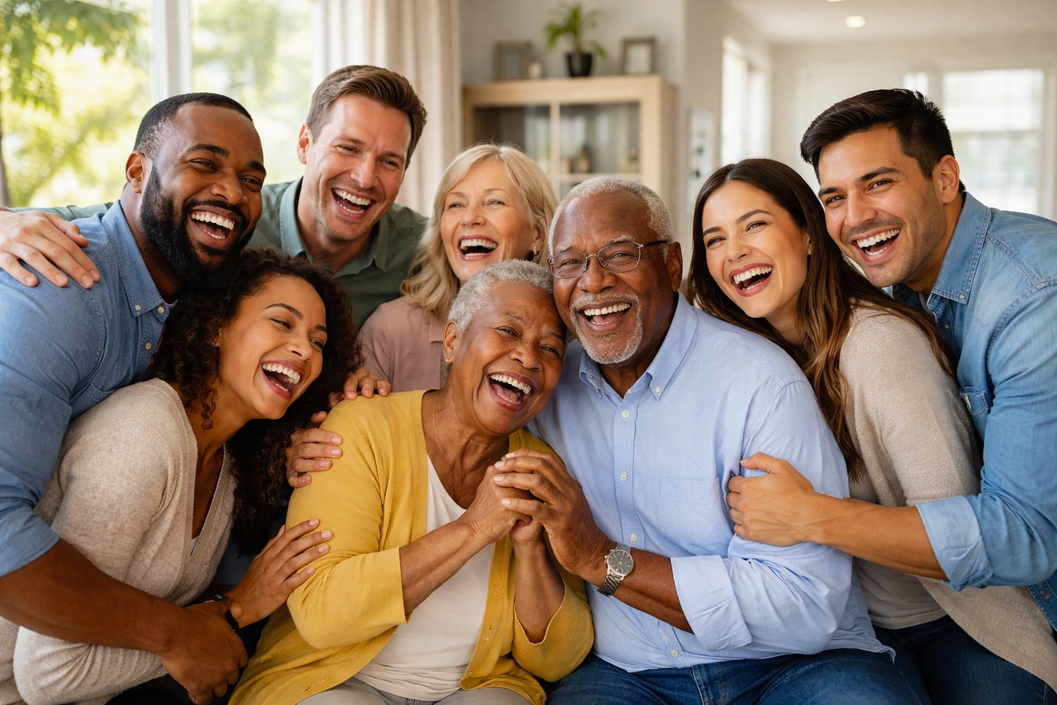 Joyful family and friends gather in a bright living room, celebrating God's faithfulness and community support through hard times.
