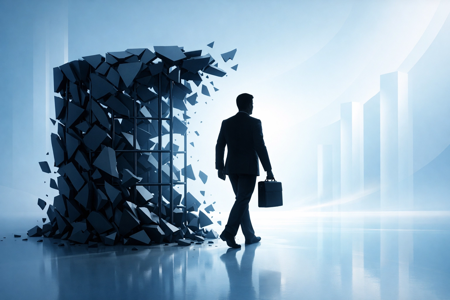 Human silhouette stepping into light, representing liberation from manual tasks through AI automation.