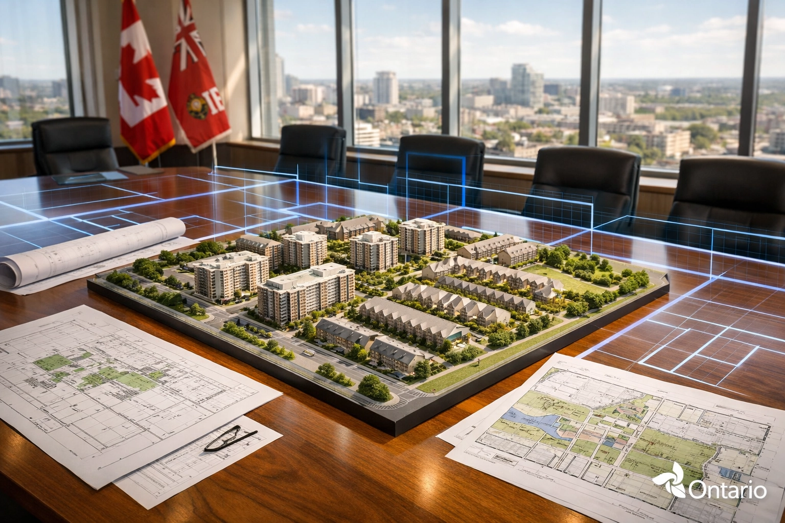 Ontario municipal boardroom with residential development models and planning blueprints for OPA approval sessions.