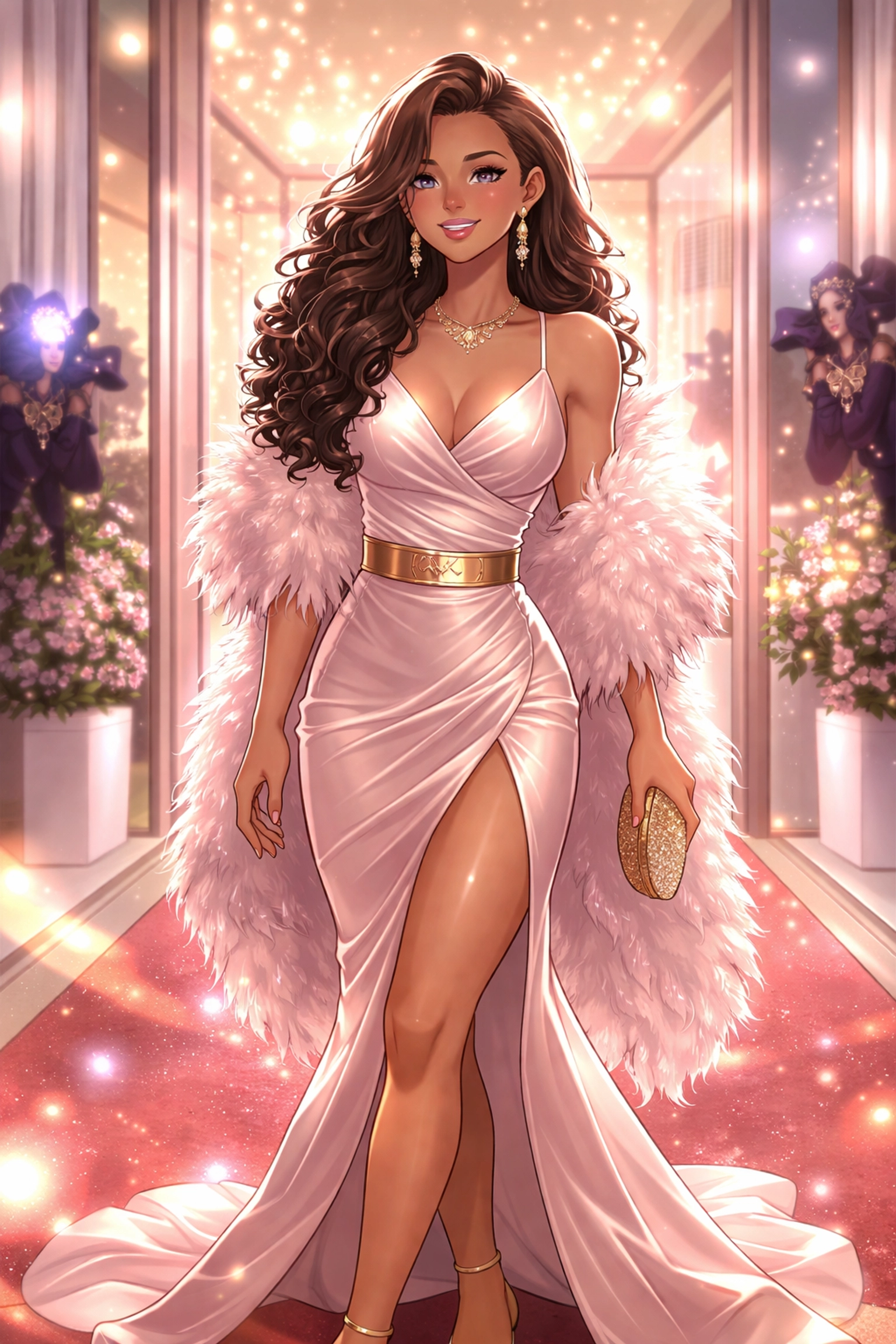 Confident woman with radiant, dewy skin stepping onto a red carpet, showcasing Hollywood glow after facial treatment.