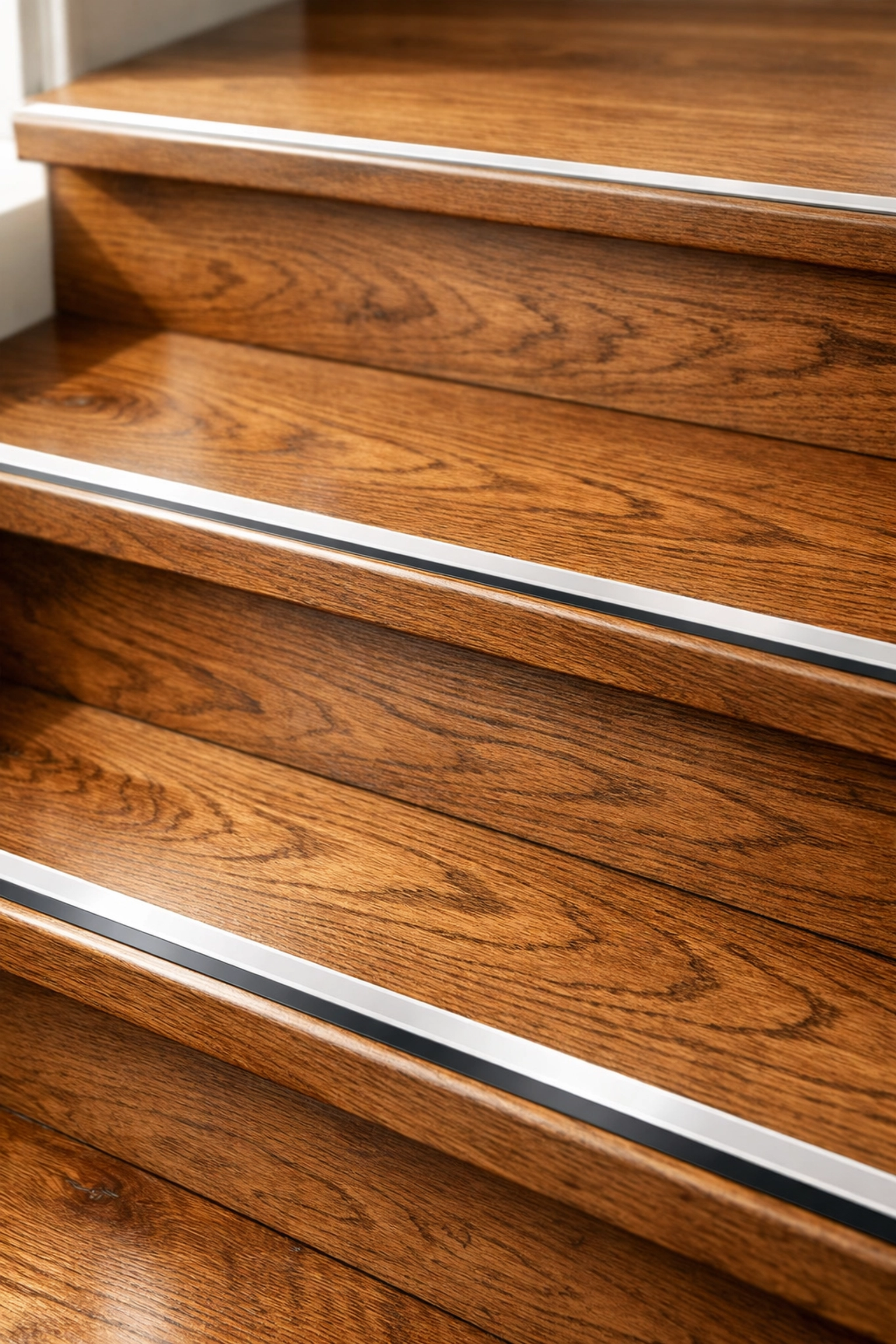 Close-up of wooden stairs featuring high-contrast safety strips on step edges for better depth perception.
