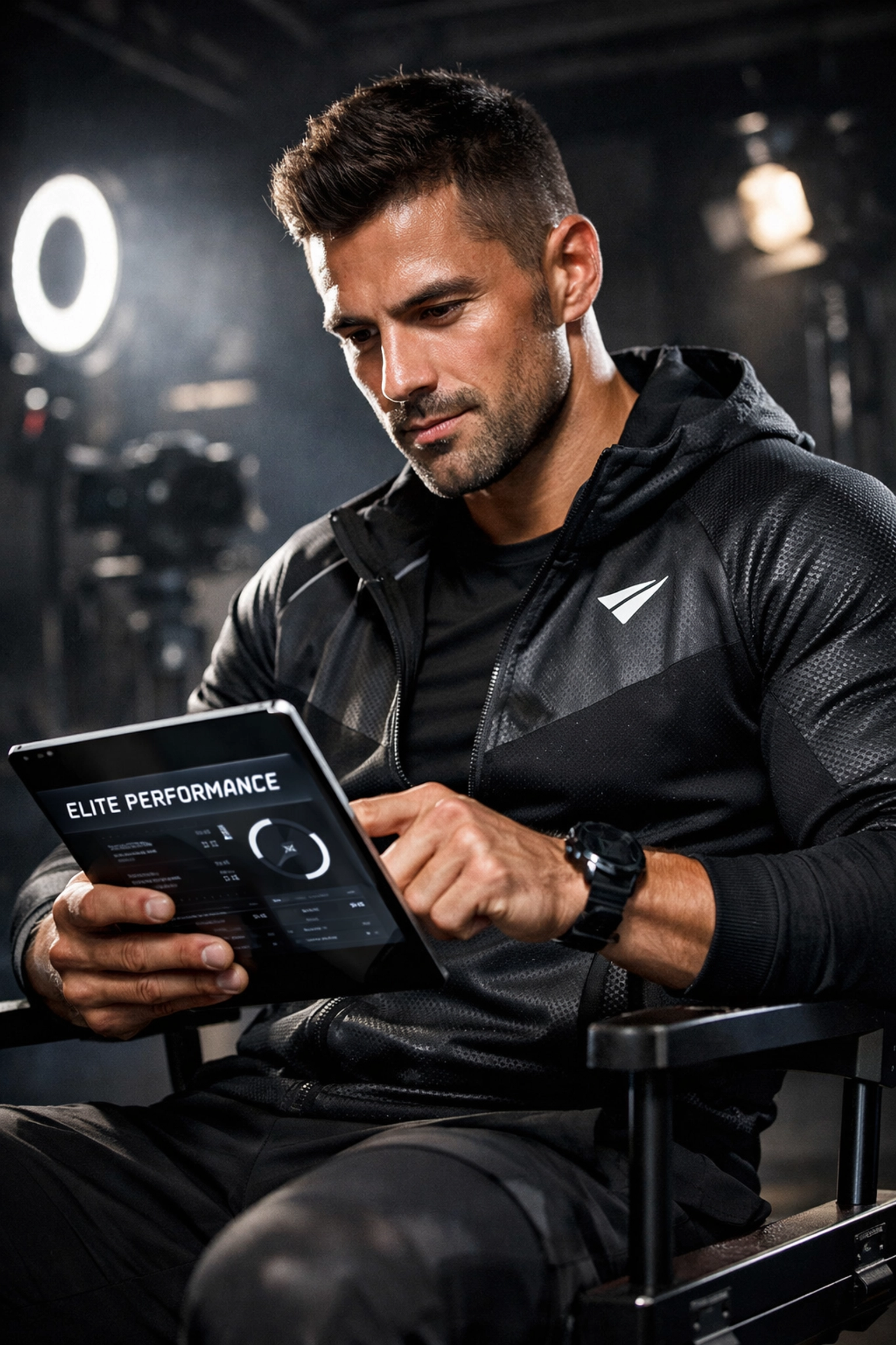 High-performance athlete managing digital branding and NIL opportunities in a media studio.