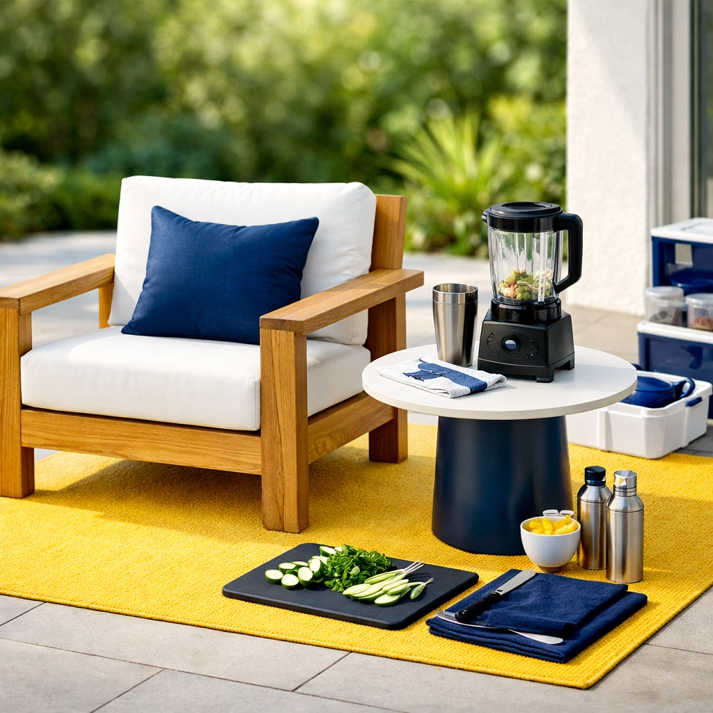 Clean teak patio furniture on a stone terrace, ready for seasonal maintenance and cleaning.