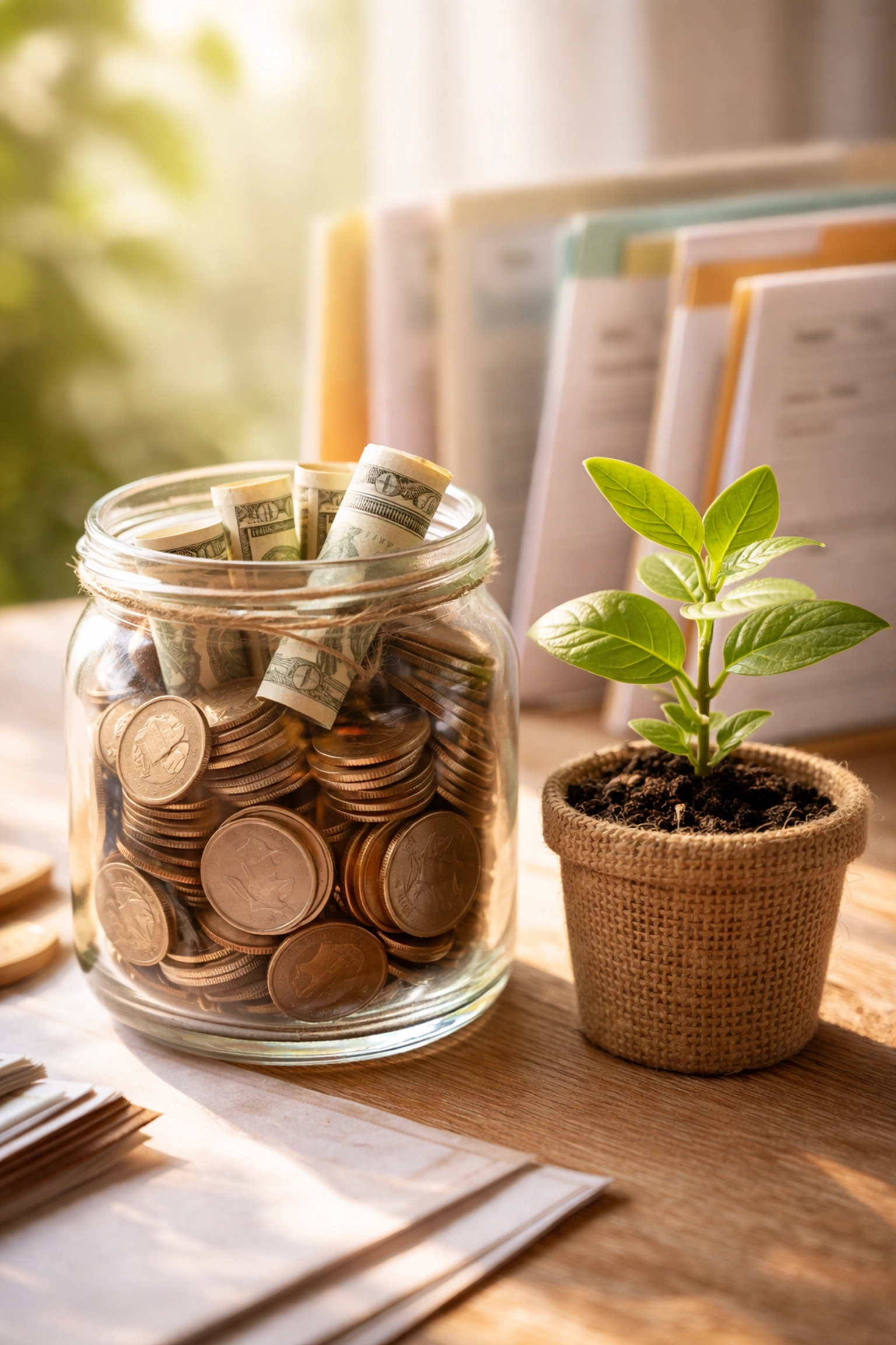 Jar of coins and plant symbolizing strategic savings and tax-advantaged account planning