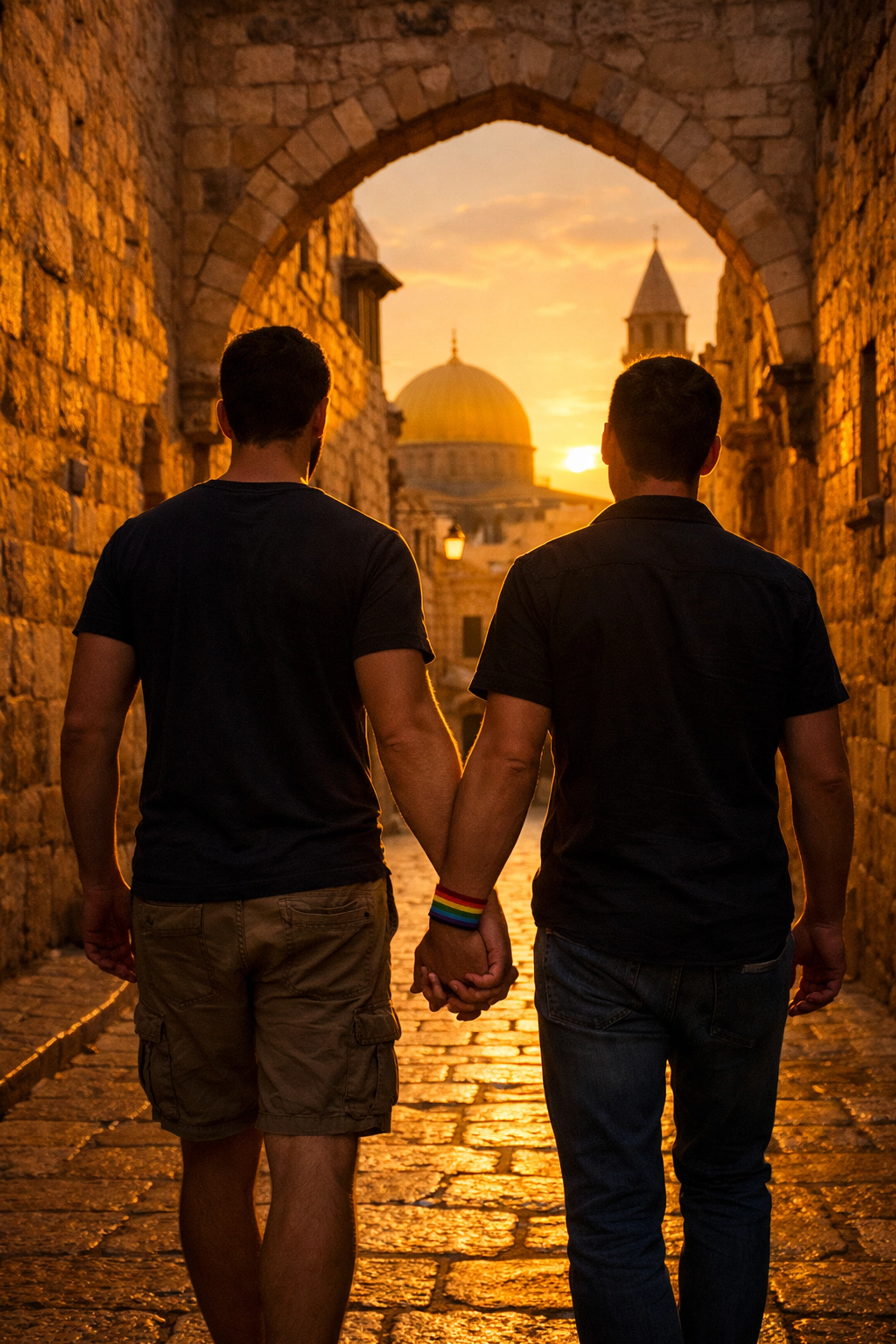Gay couple holding hands in Jerusalem Old City, blending Jewish heritage with love