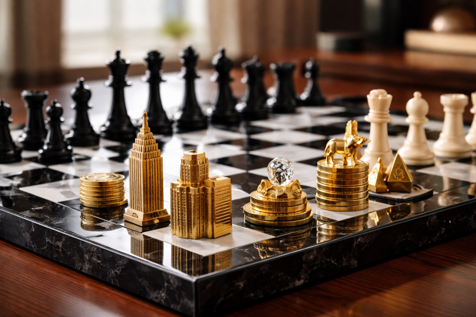 A luxury chess board with buildings and Bitcoin pieces represents strategic asset allocation and alternative investments.