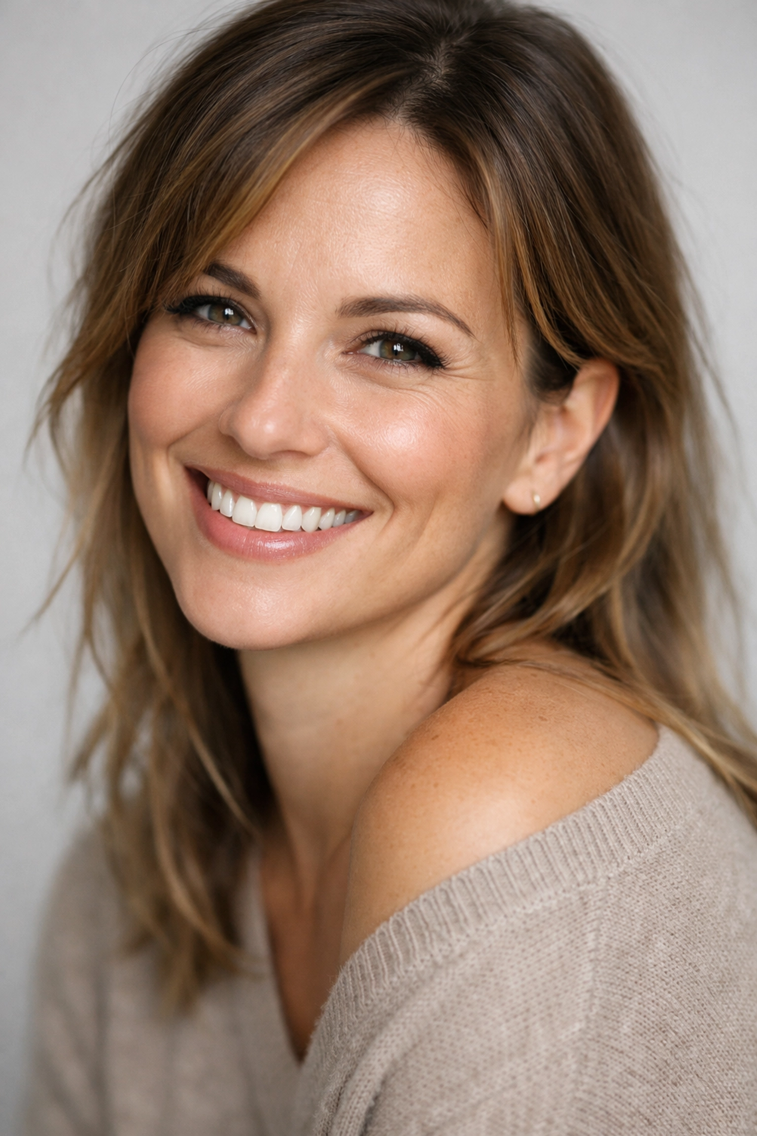 A professional portrait of a woman demonstrating natural posing and an authentic smile.