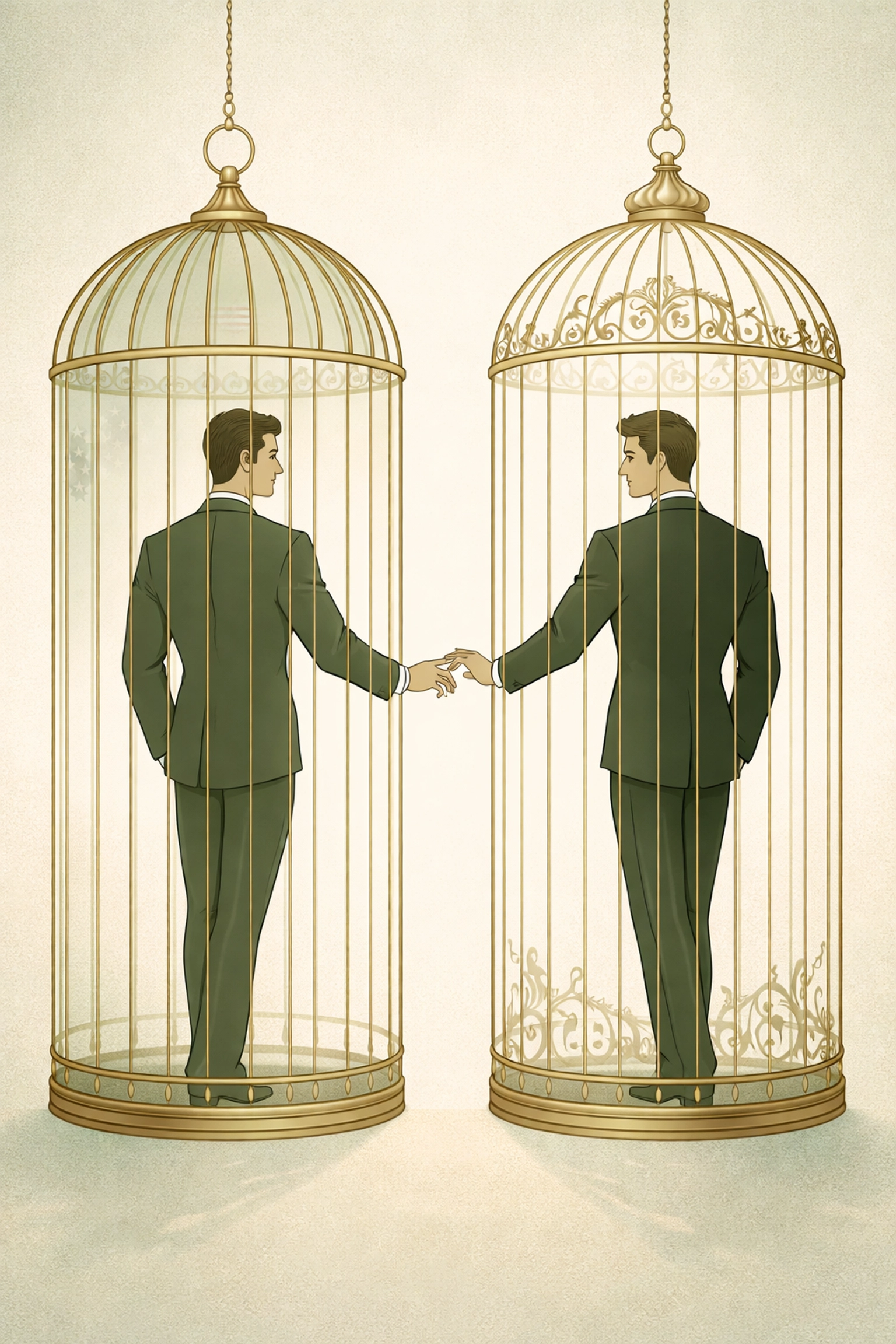 Two men reaching through gilded cages symbolizing duty versus love in MM romance