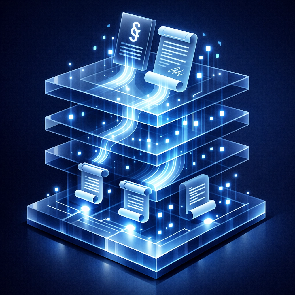 Digital architecture showing legal documents transforming into proprietary AI data for custom law firm workflows.
