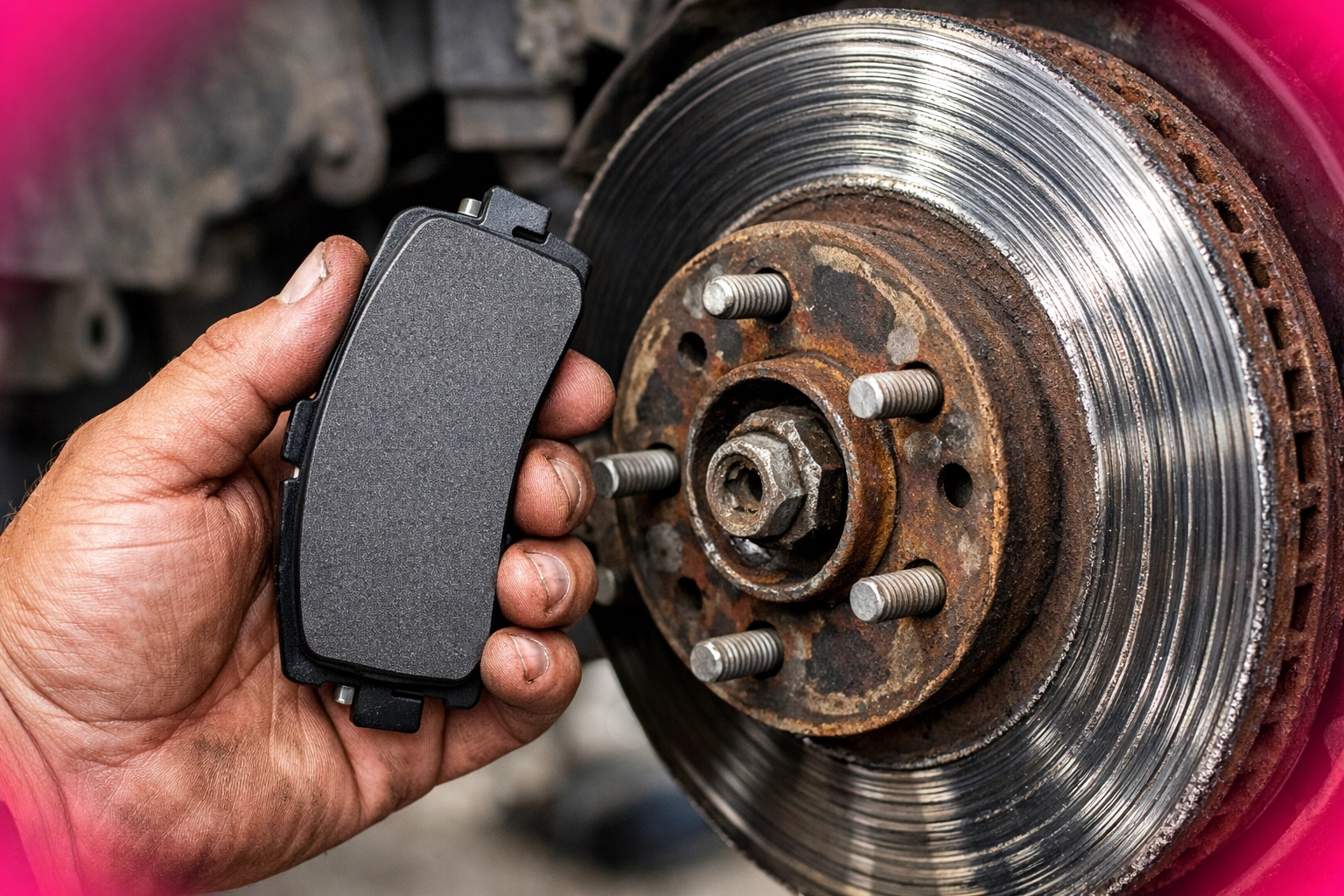 Mechanic comparing a new brake pad to a worn rotor during a Cottonwood brake inspection.