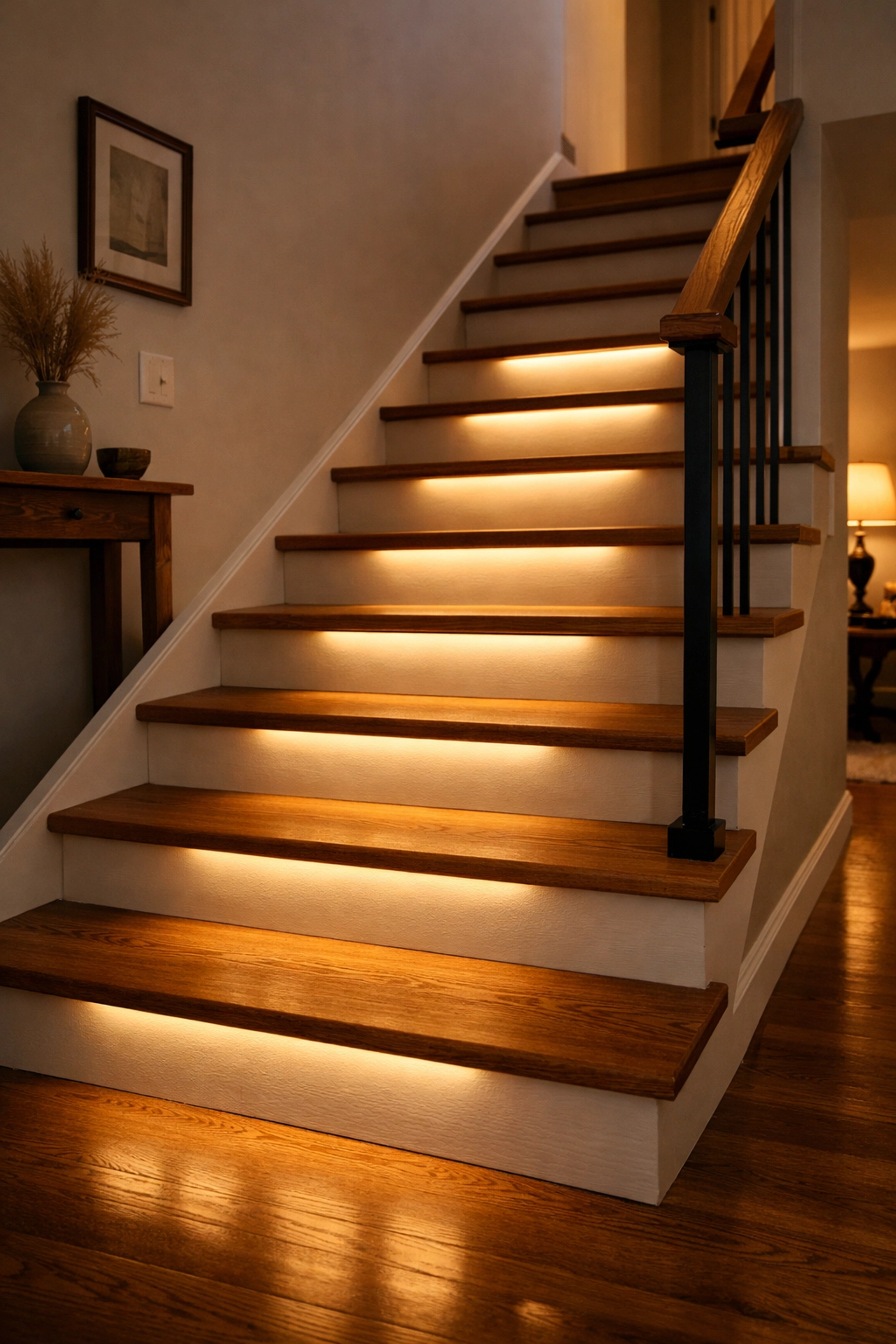 Motion-sensor LED lights under stair treads provide bright illumination for safe nighttime use.