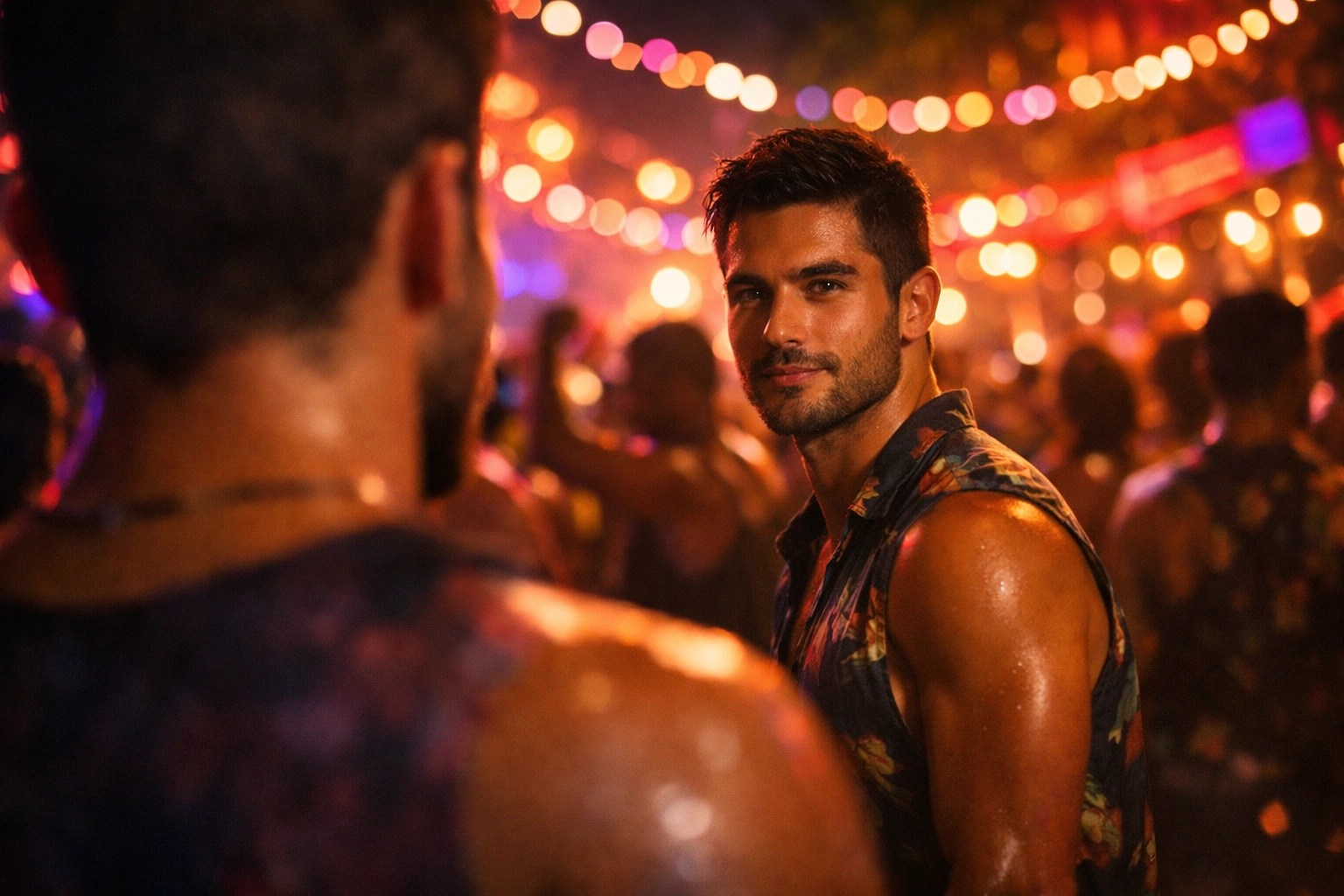MM romance moment - two men connecting across Rio Carnival street party crowd