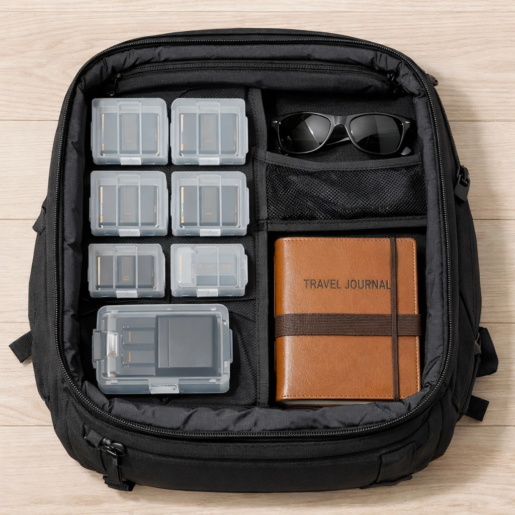 Carry-on bag with lithium batteries organized in protective cases for safe air travel.