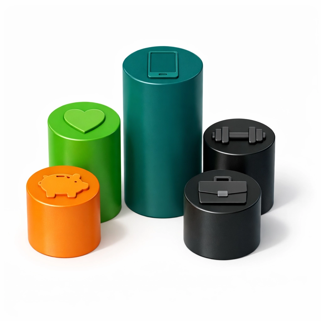 Five pillars representing core life skills areas: finance, emotions, digital, health, and career